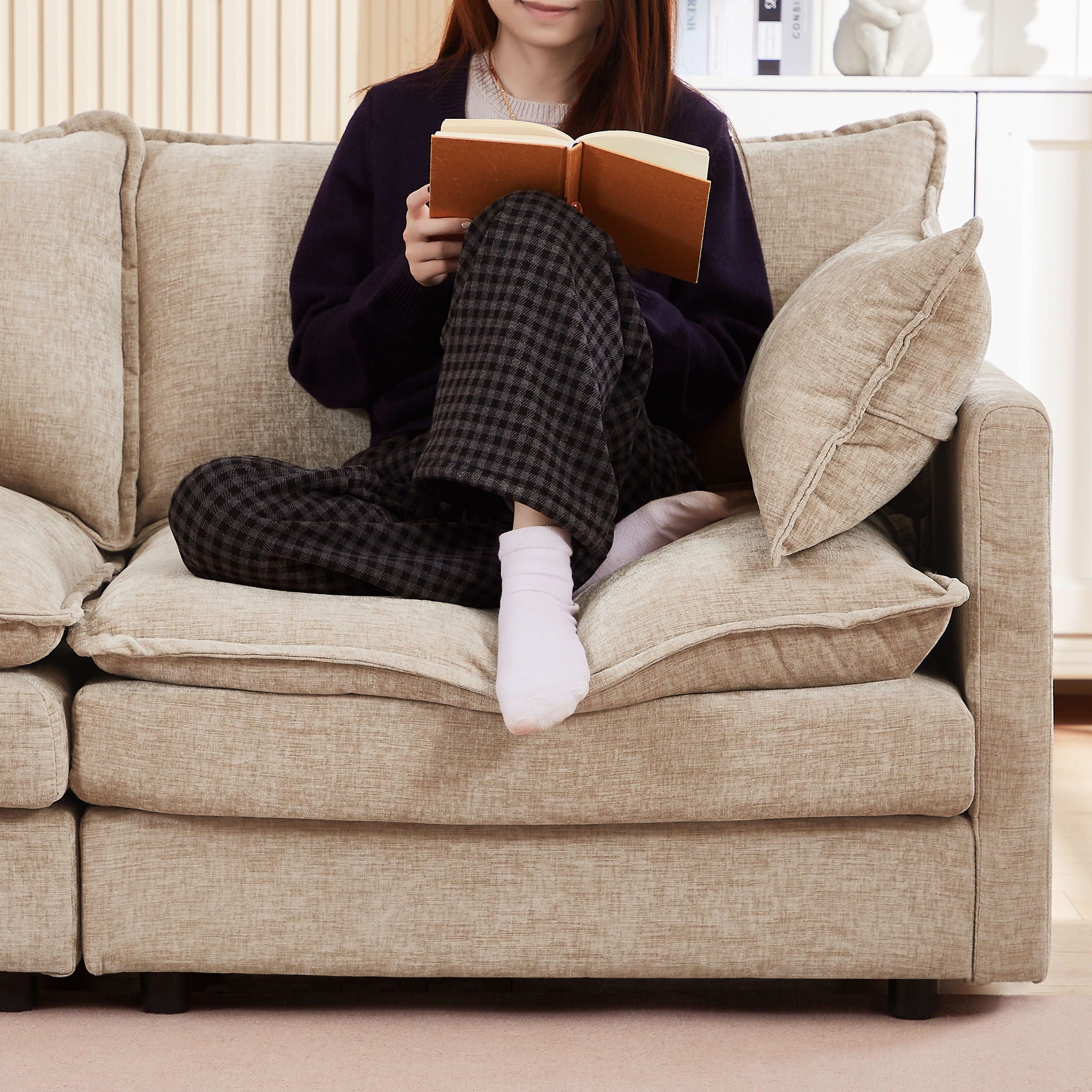 L Shaped Modular Sectional Sofa With Movable Ottoman, 3 Seater Comfortable Seating