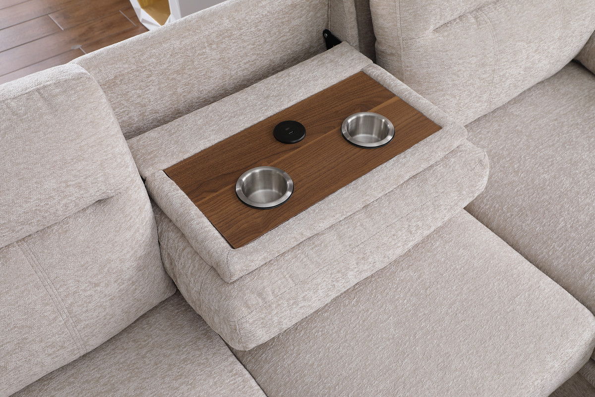 Kipling II 94"W Beige Chenille Fabric Sleeper Sectional Sofa with Right-Facing Chaise, Cupholders, USB Charging port