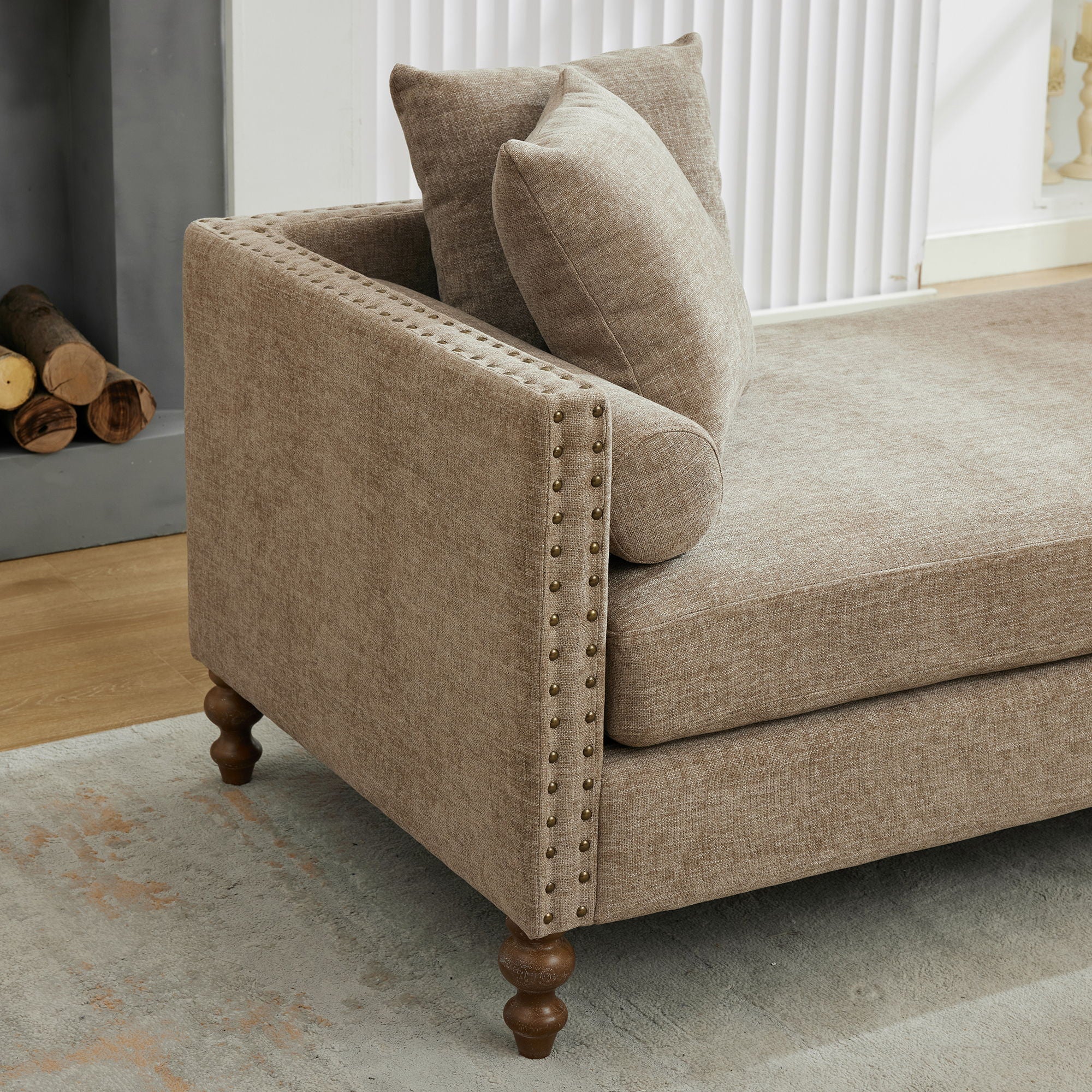 Upholstered Chaise Lounge Indoor With Nailheads, Sleeper Sofa Couch With 4 Throw Pillows & 2 Bolsters, Daybed With Rubberwood Legs