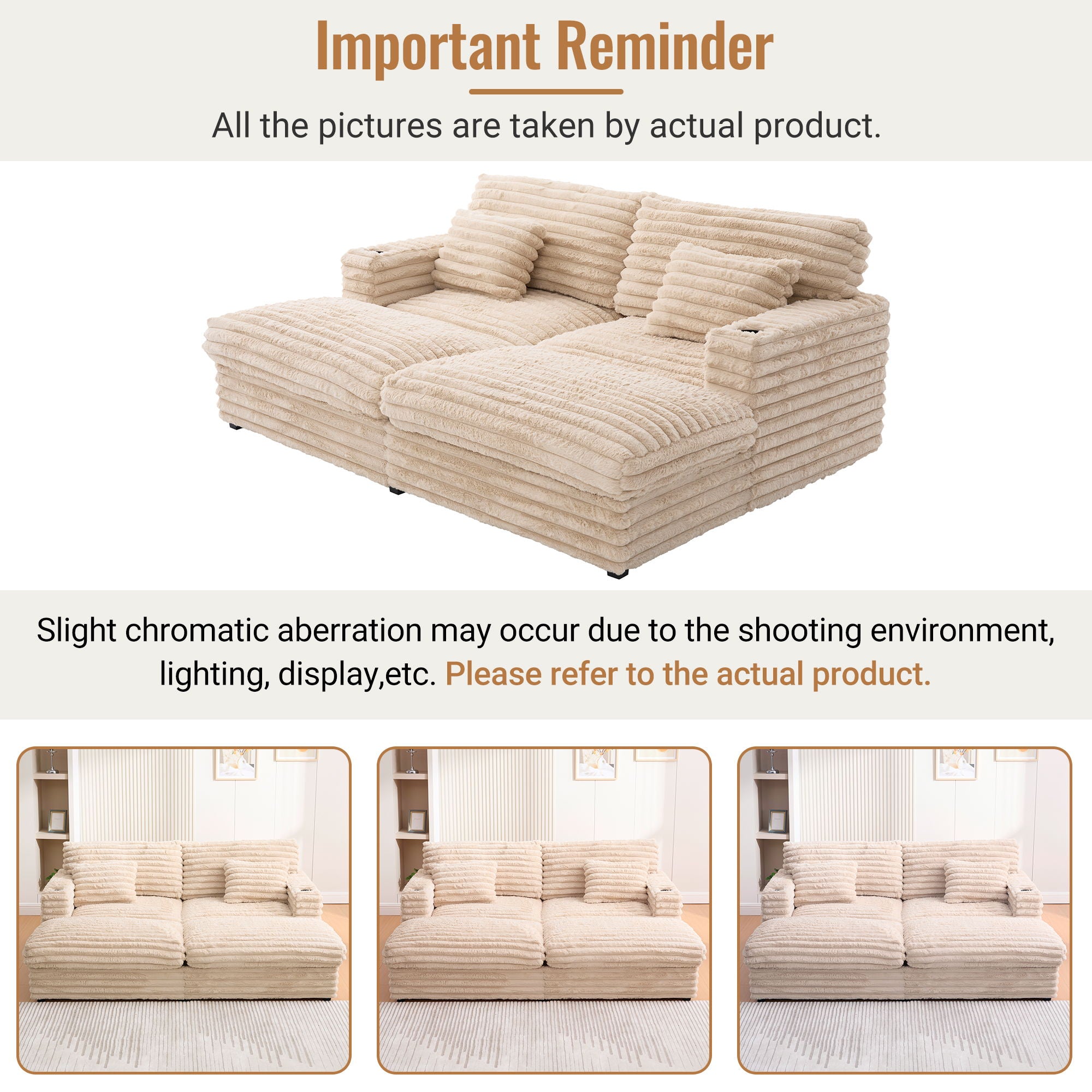 Plush Oversized Double Chaise Lounge Sofa Bed With USB Ports And Cup Holders