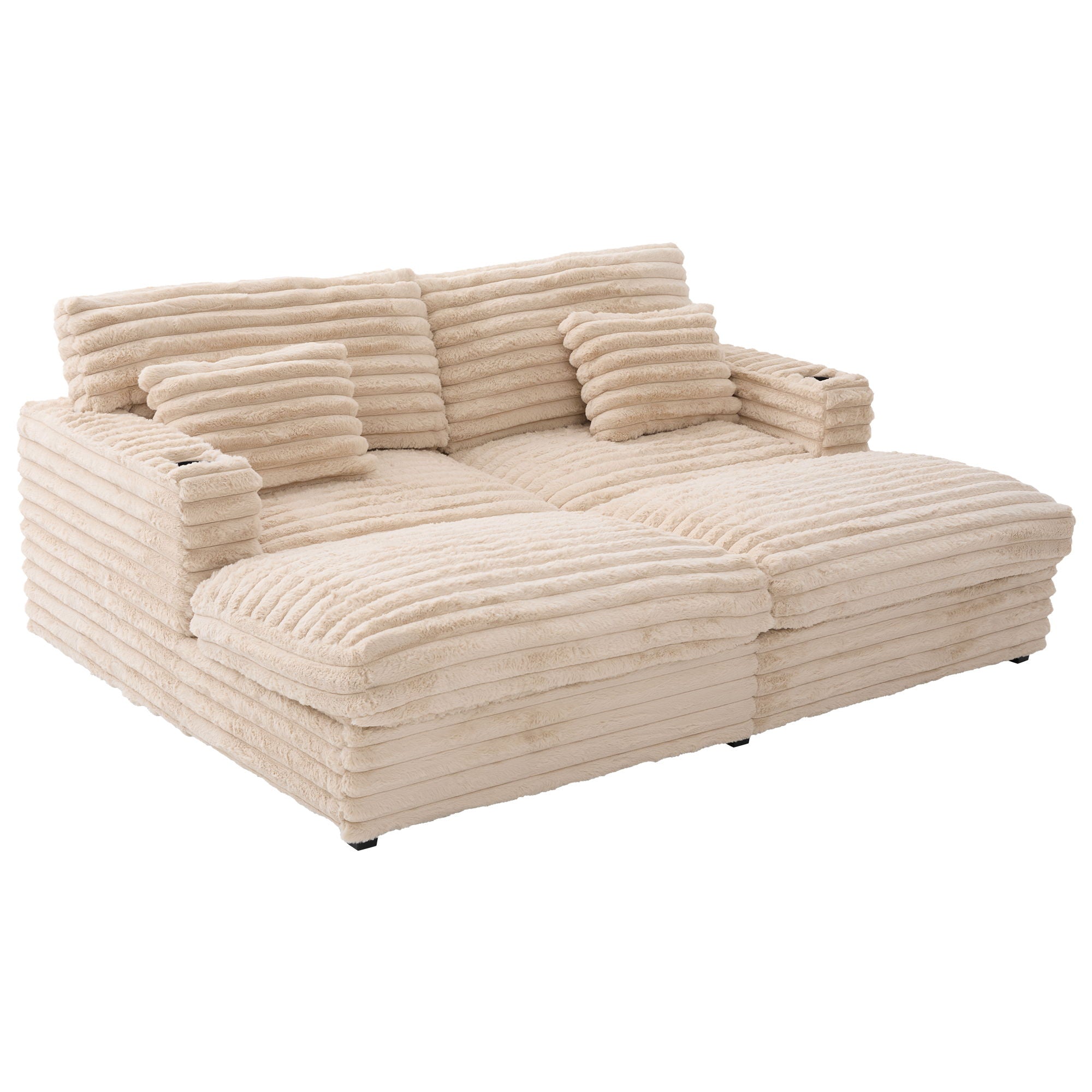 Plush Oversized Double Chaise Lounge Sofa Bed With USB Ports And Cup Holders