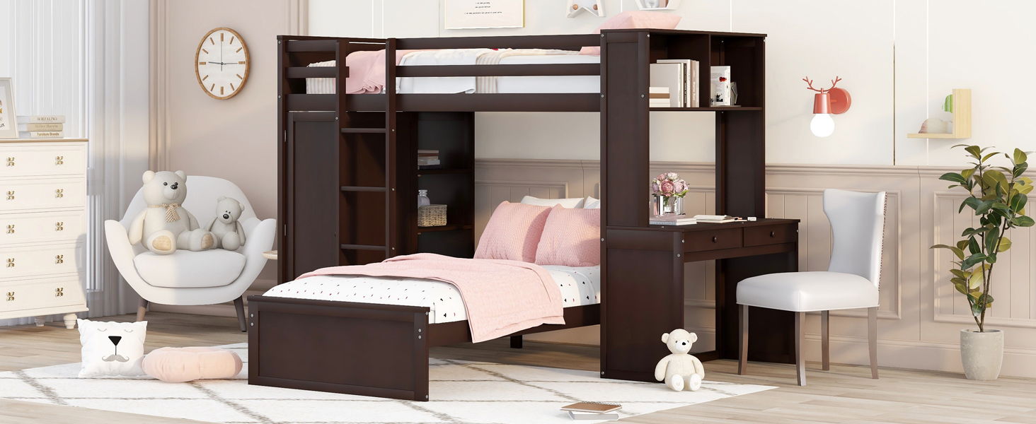 Loft Bed With A Stand Alone Bed, Shelves, Desk, And Wardrobe