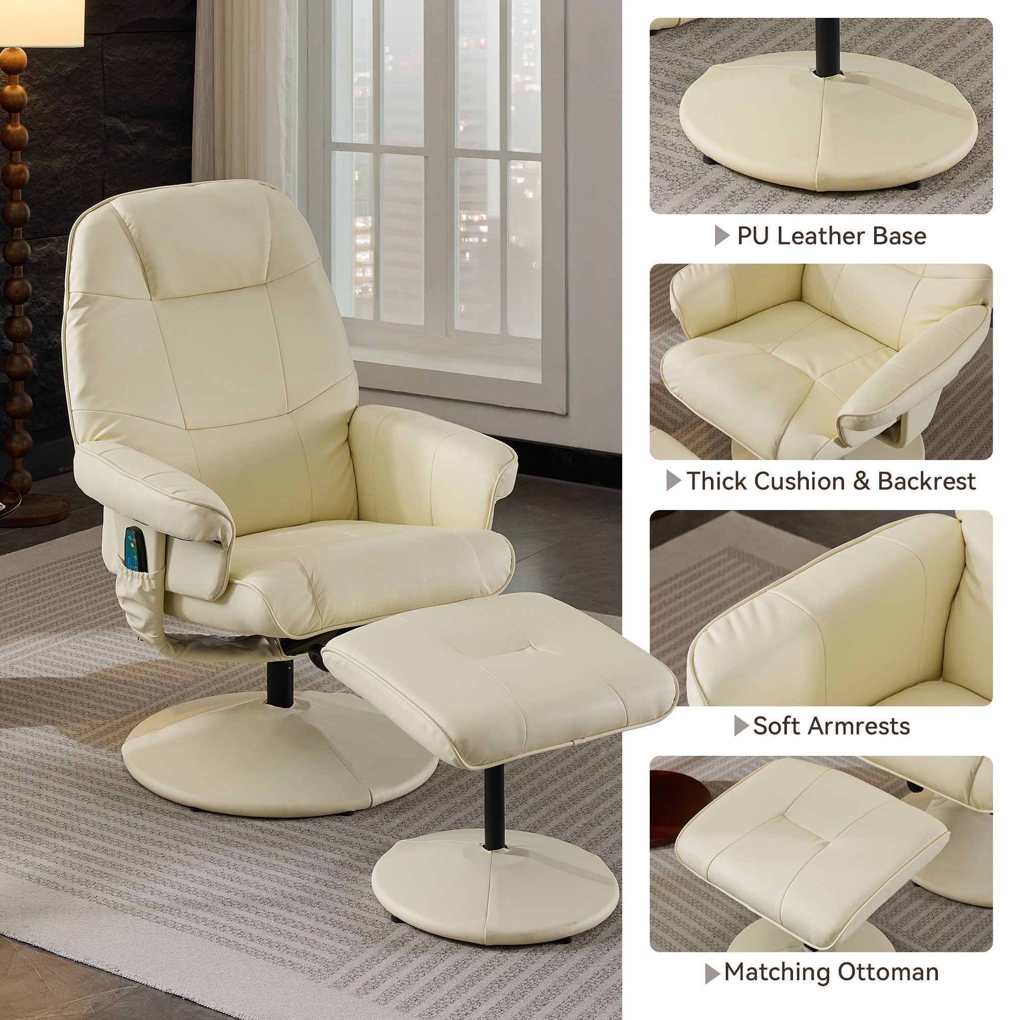 360° Swivel Reclining Chair With Wrapped Base, 5 Point Vibration Massage