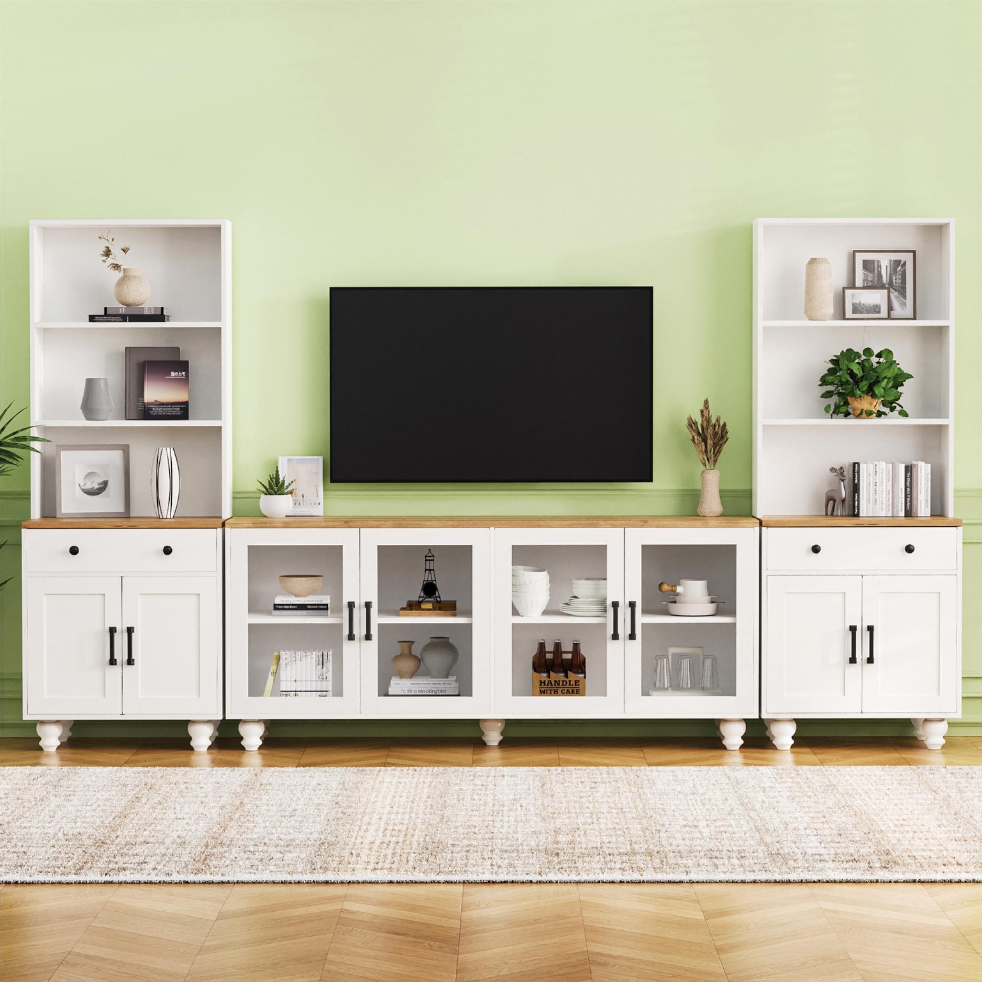 Farmhouse TV Stand With Solid Wood Gourd Shaped Legs For TVs Up To 70"