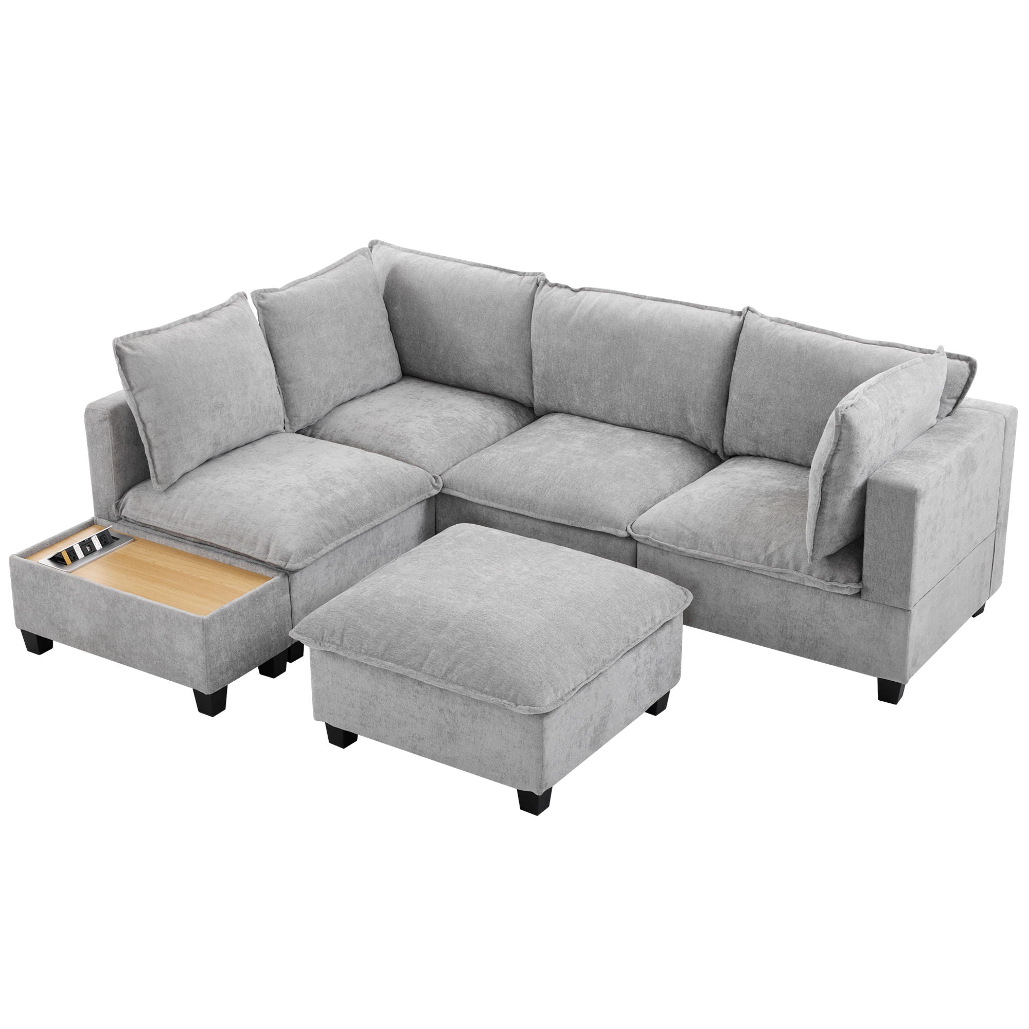 U-Shaped Sectional Modular Sofa With A Movable Ottoman, A Coffee Table With Hidden Charging Devices For Living Room