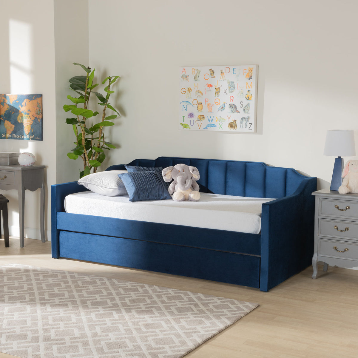 LenNon Modern and Contemporary Navy Blue Velvet Fabric Upholstered Twin Size Daybed with Trundle