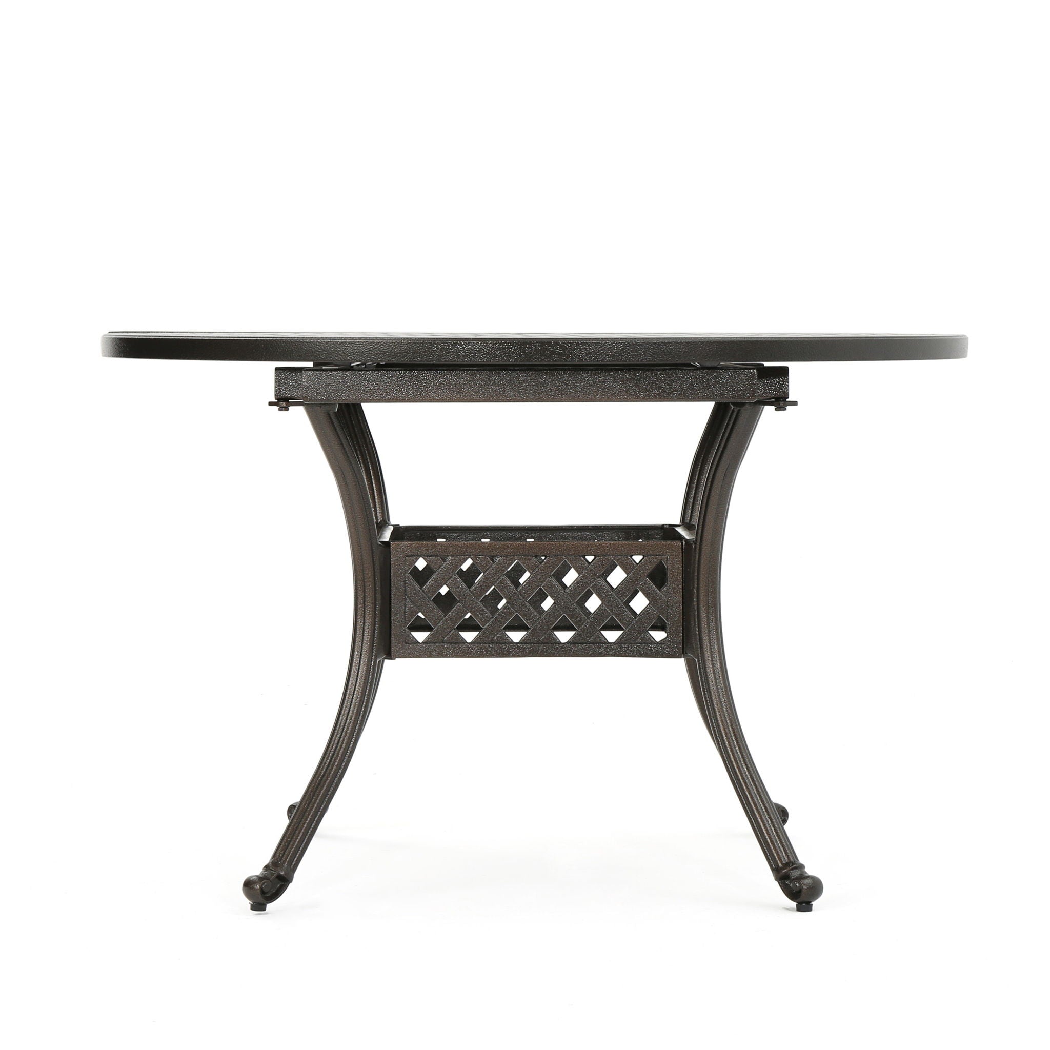 Outdoor Expandable Aluminum Dining Table With Latticework Details And Curvy Legs