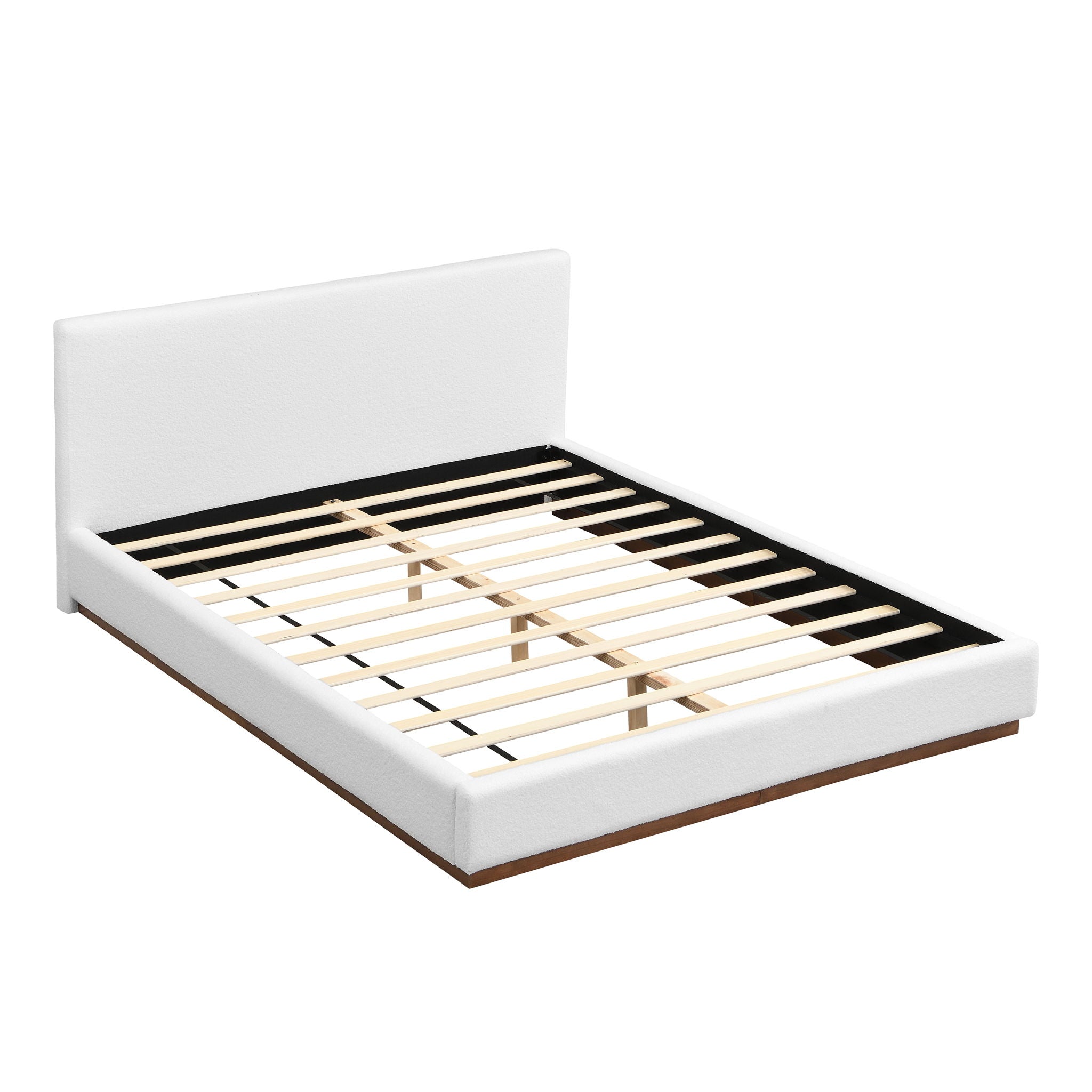 Elegant Boucle Upholstered Bed With Wood Grain Textured Solid Wood Base Frame