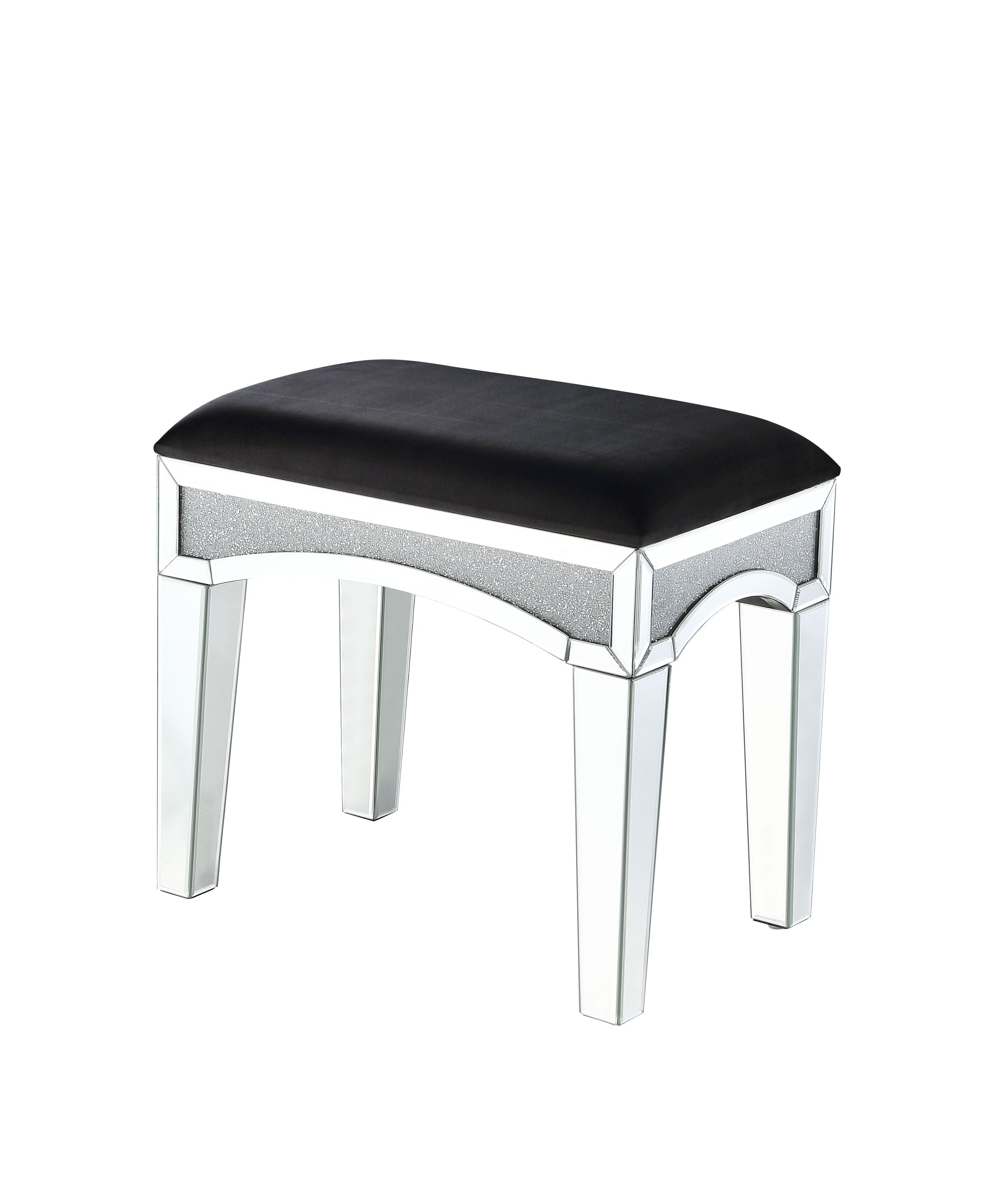 ACME Noralie - Vanity Stool - Black Fabric, Mirrored & Faux Diamonds | Meri Furniture