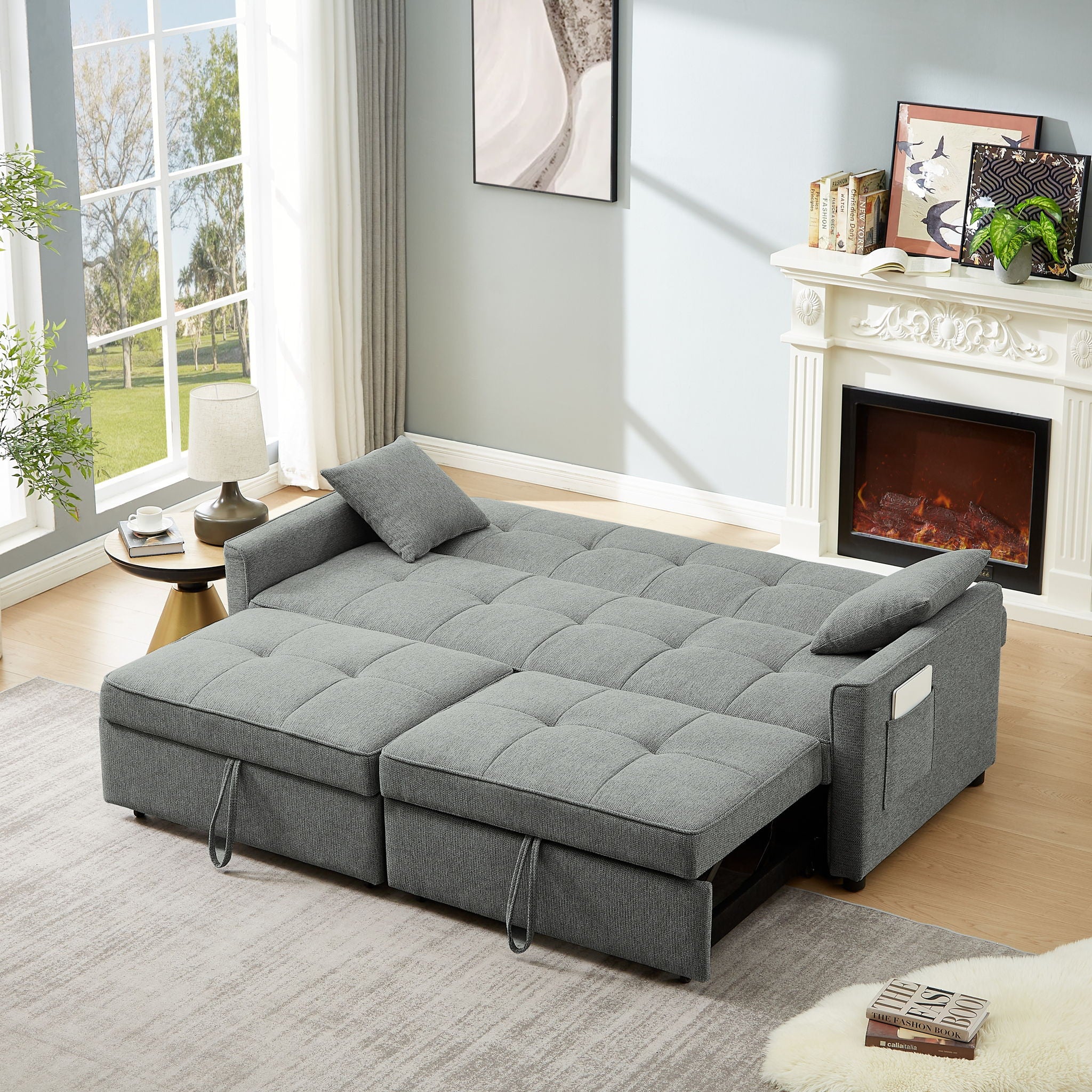 3 In 1 Convertible Sleeper Sofa Bed, Reclining Backrest, Pillows, Pockets