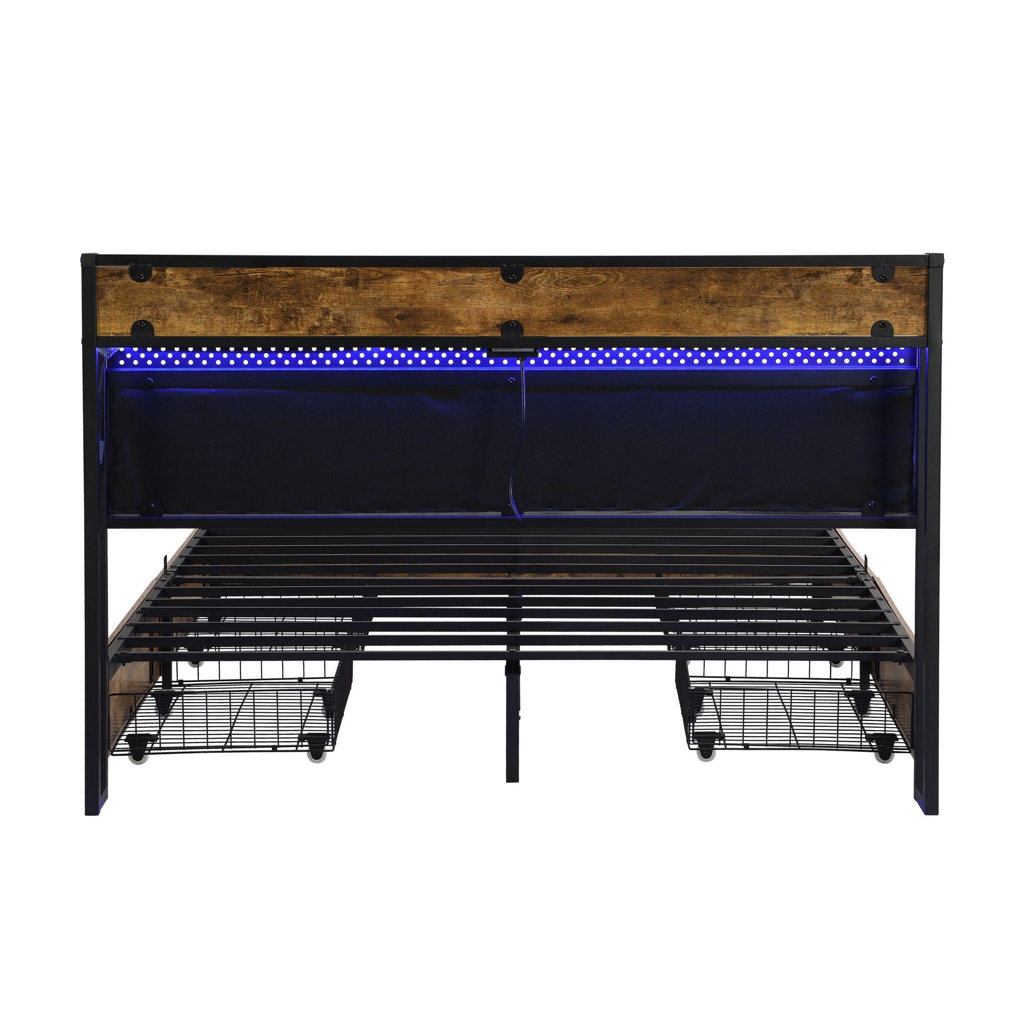 Contemporary Bed Frame With Storage Headboard, Charging Station, LED Lights