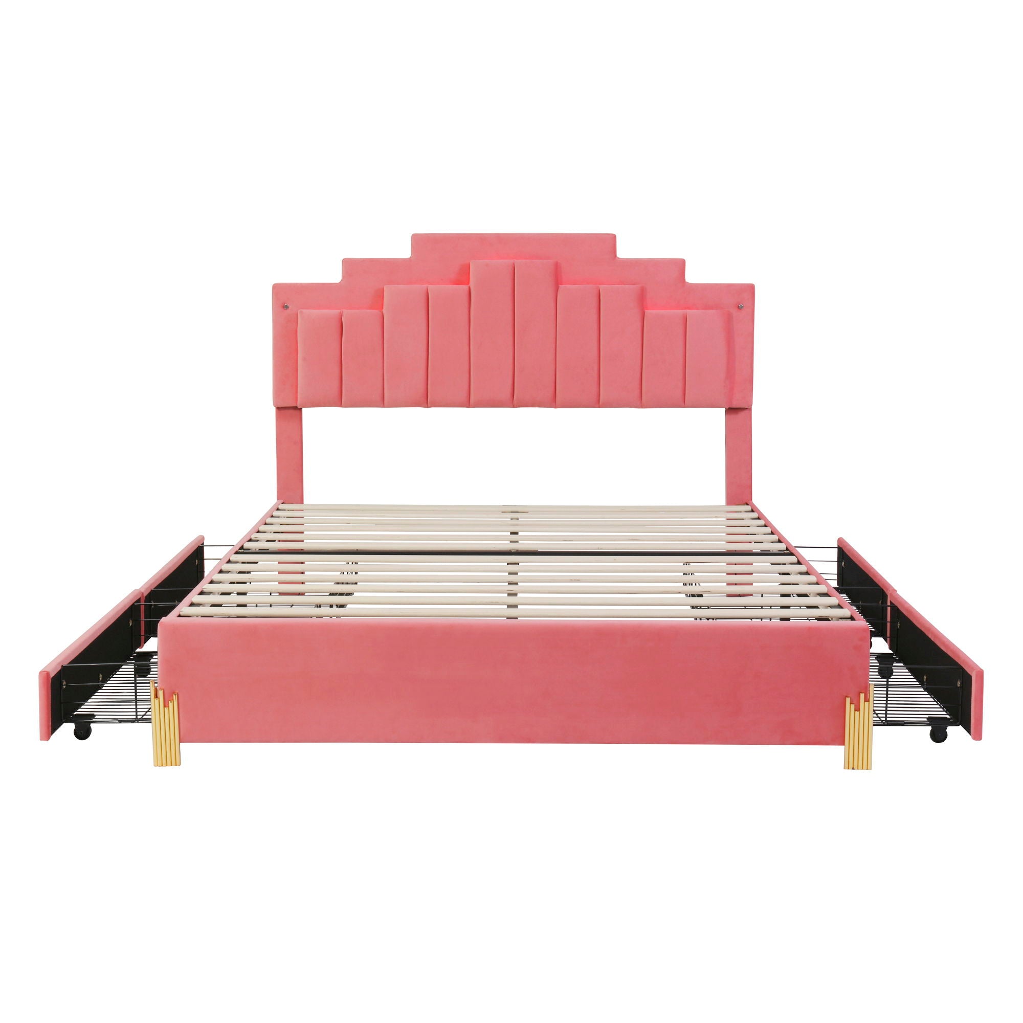 Queen Size Upholstered Platform Bed With LED Lights And 4 Drawers, Stylish Irregular Metal Bed Legs Design - Pink