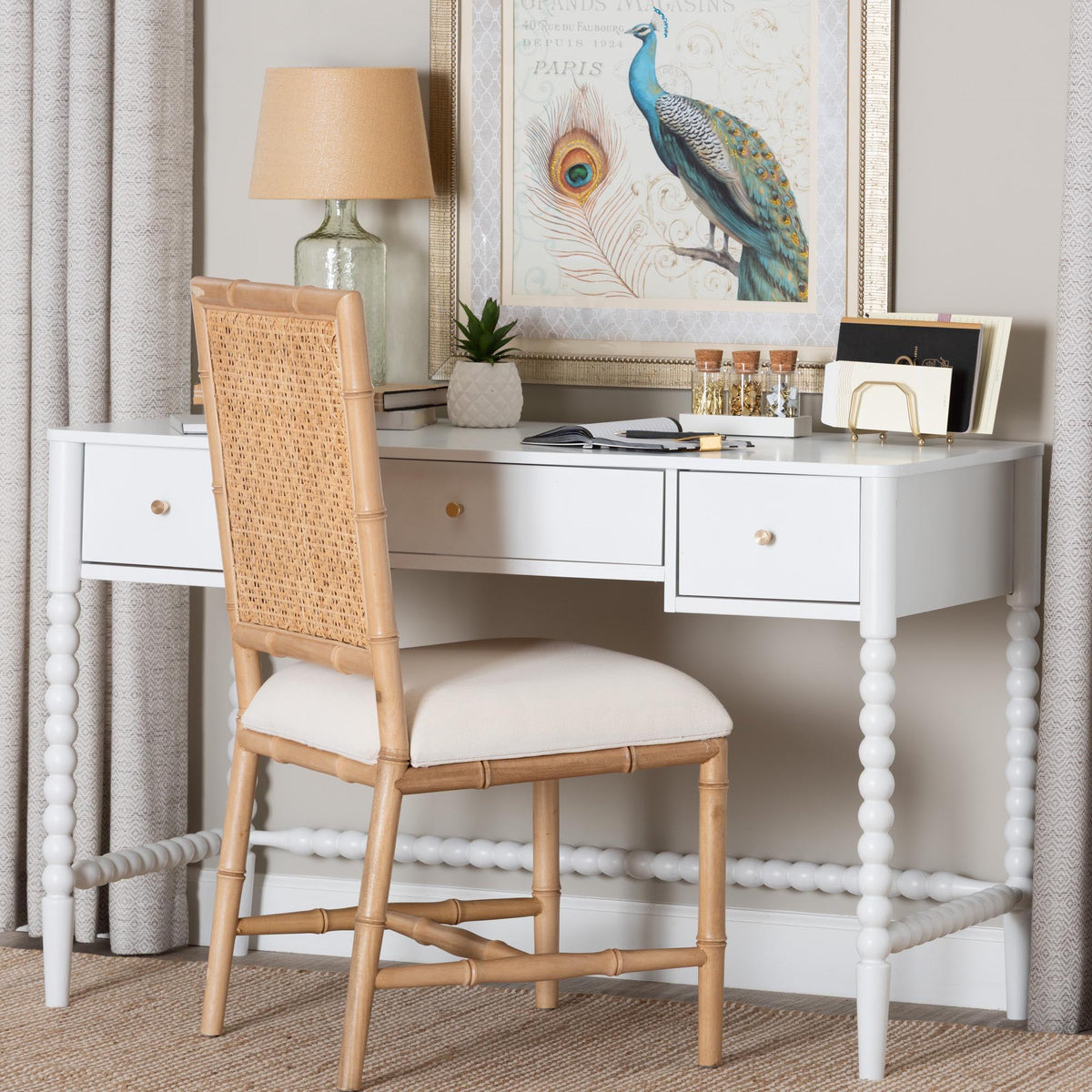 Lucera Bobbin Writing Desk - 3-Drawer Home Office Desk with Spindle Frame, White