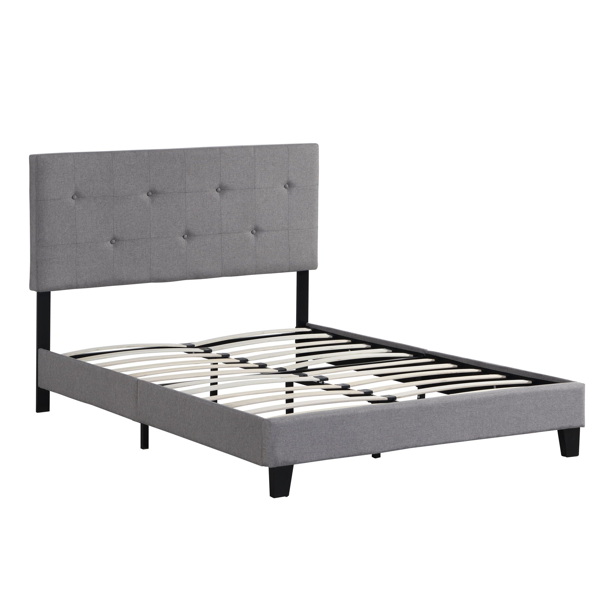 Modern Upholstered Platform Bed Frame With Button Tufted Linen Headboard And Wood Slat Support