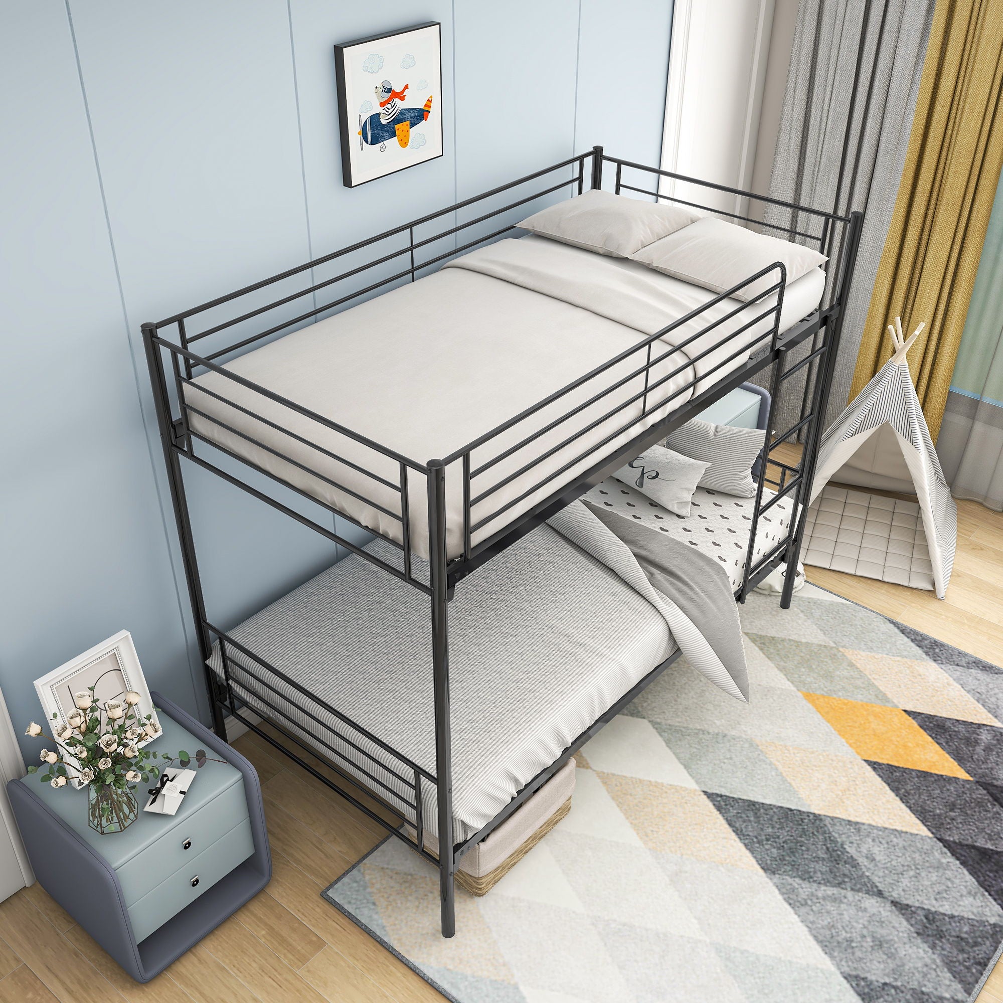Space Saving Bunk Bed With Metal Frame And Ladder