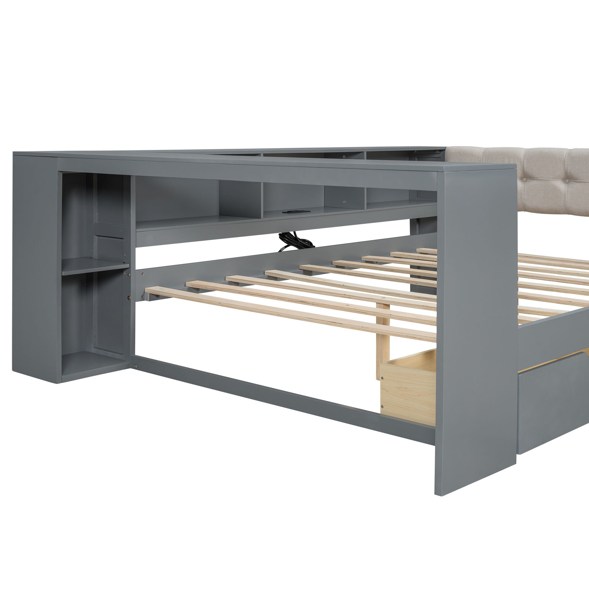 Upholstered Headboard Platform Bed With Storage Shelves, Drawers, Charging Station