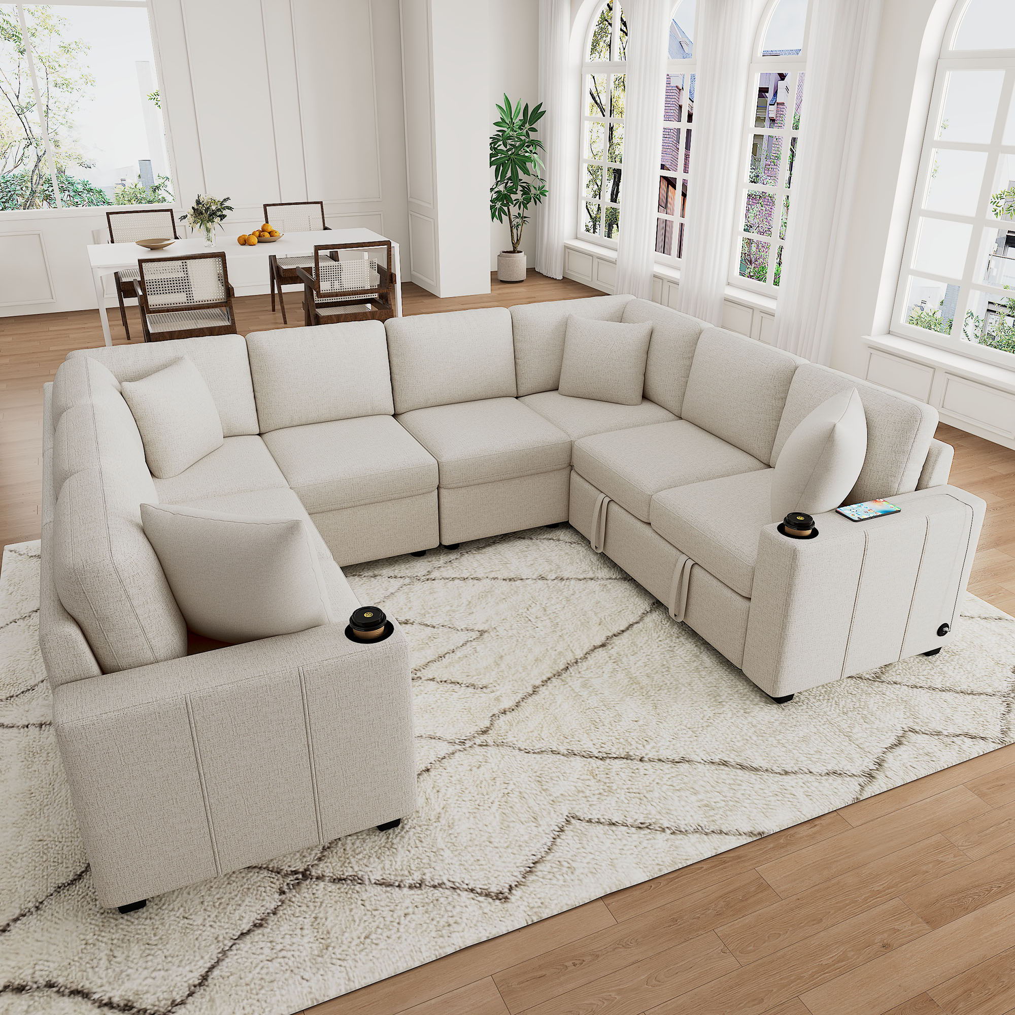 Modern U-Shaped Sectional Sofa Convertible Pull-Out Sofa Bed With USB Ports And Cup Holders
