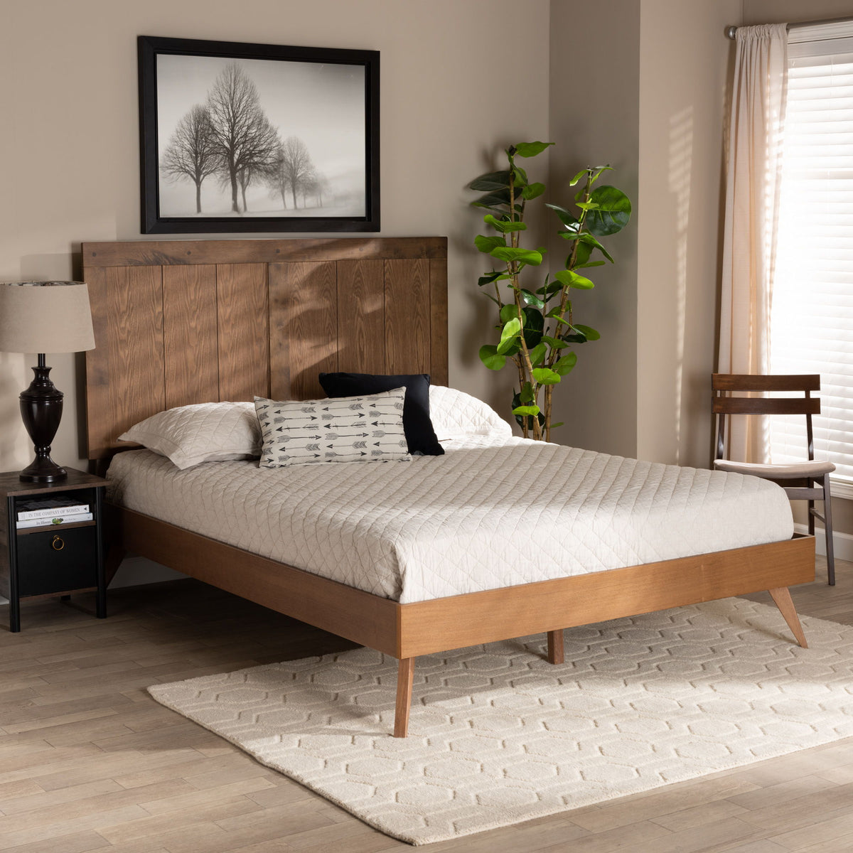 Amira Mid-Century Modern Transitional Ash Walnut Finished Wood Queen Size Platform Bed