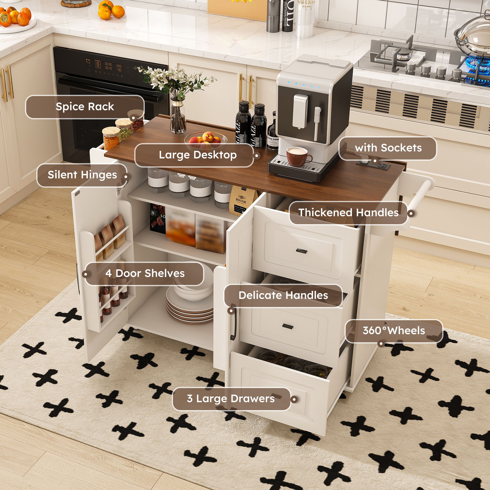 Kitchen Island Cart With Foldable Tabletop & Drop Leaf Mobile Breakfast Bar With Wood Top And Storage - White / Walnut