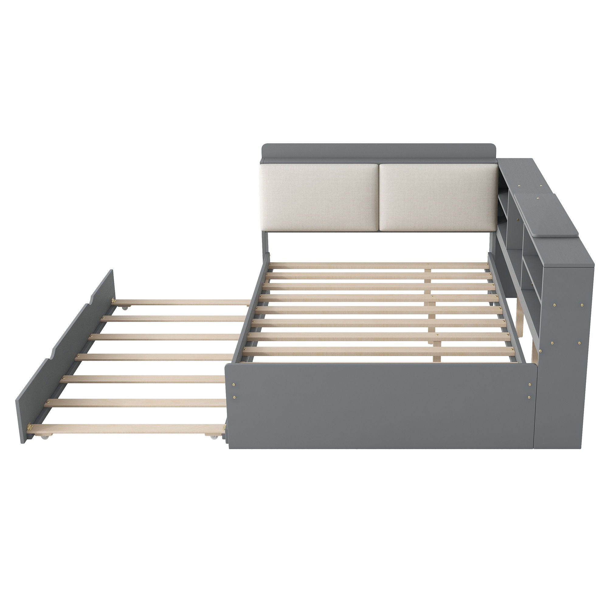 Platform Bed With Trundle, Shelves, And Storage Headboard