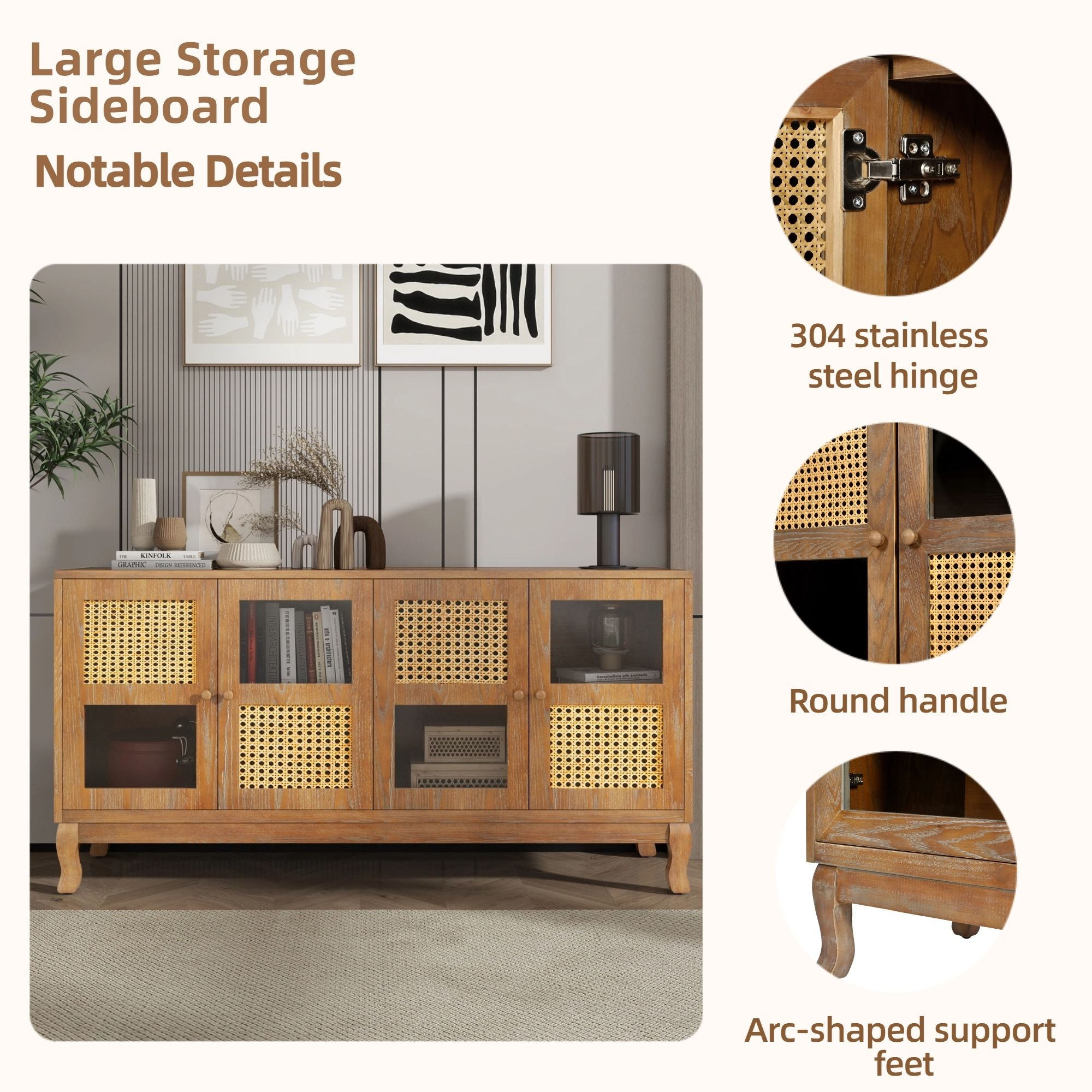 Retro Industrial 4 Door Sideboard With Large Storage, Rattan And Glass Doors