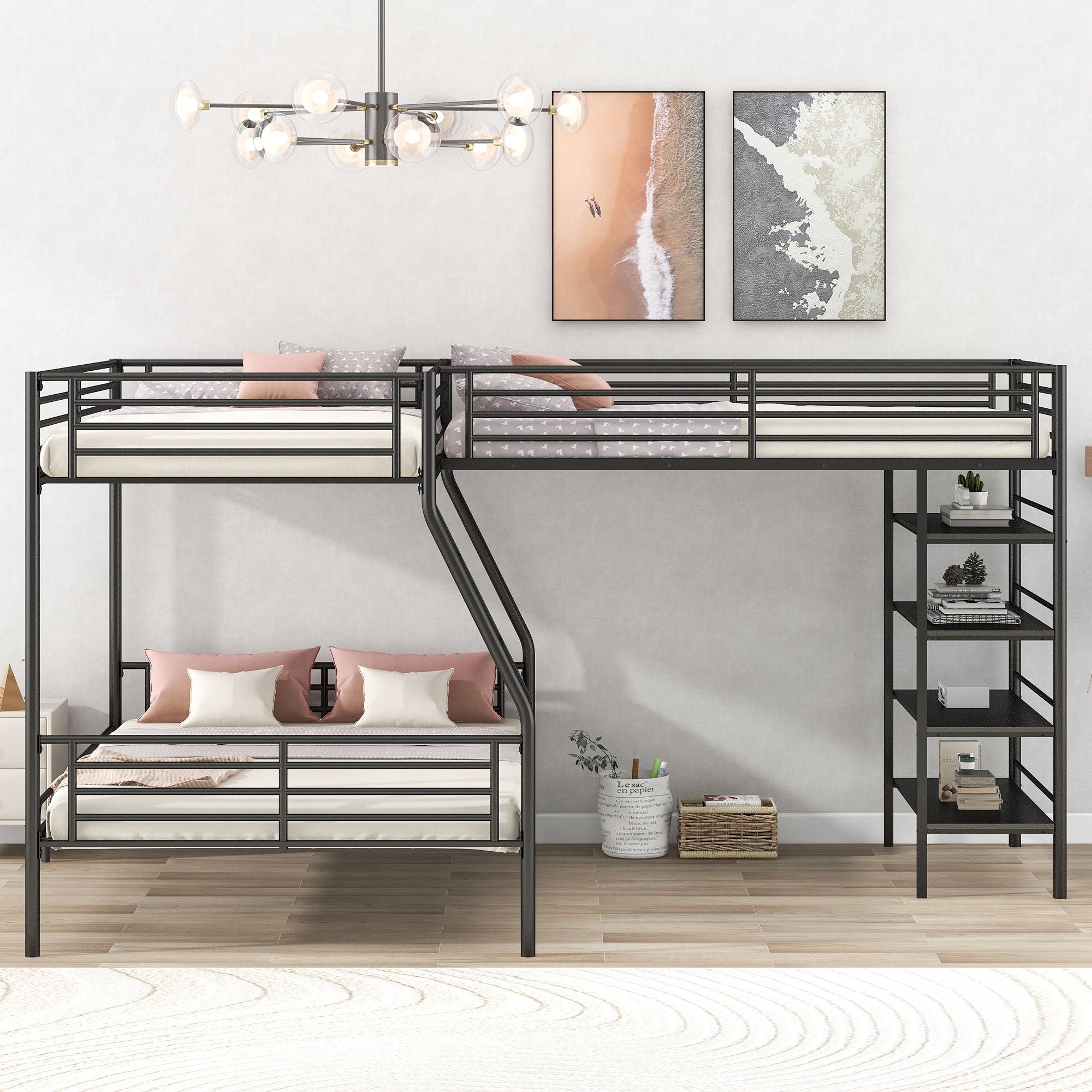 L-Shaped Twin Over Full Bunk Bed And Twin Loft Bed With 4 Built In Shelves - Black