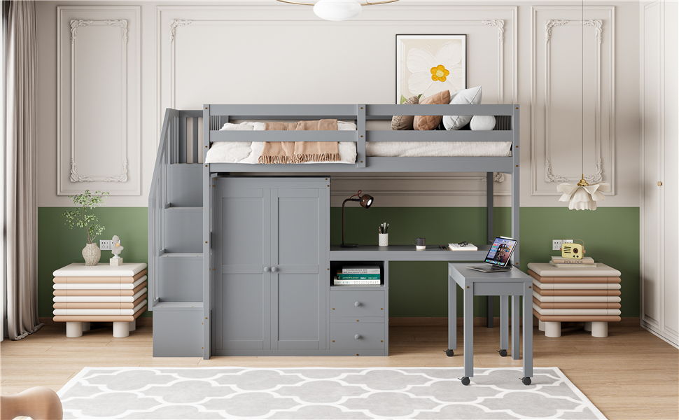 Loft Bed With Stairs, Bookshelf, Drawers, Desk & Wardrobe, Space Saving Multifunctional Furniture