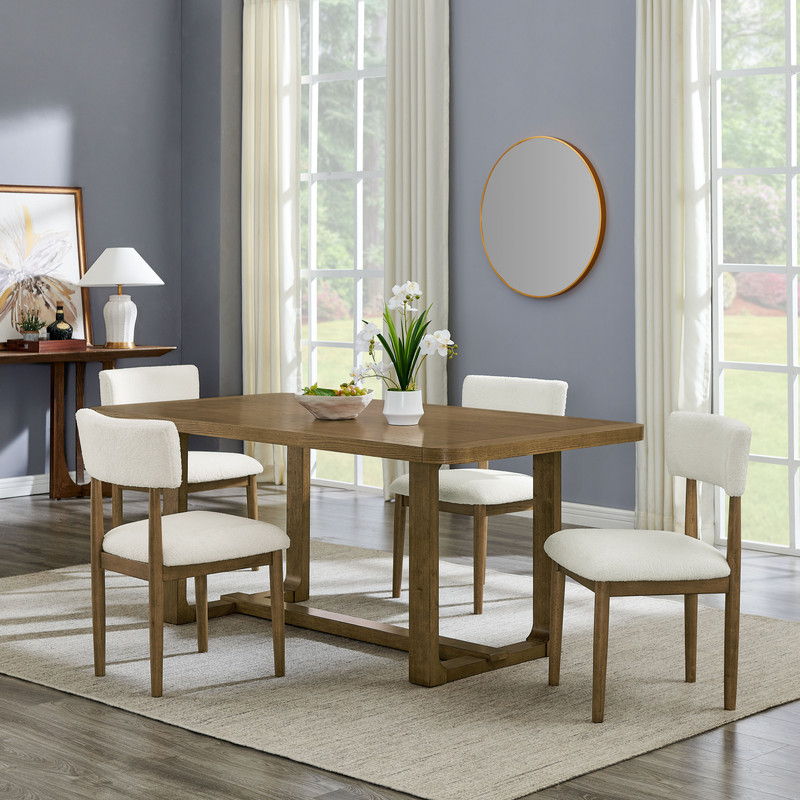 Darla 5Pc 72" Rectangular Walnut Oak Finish Sled Dining Set with Beige Sherpa Fabric Chairs