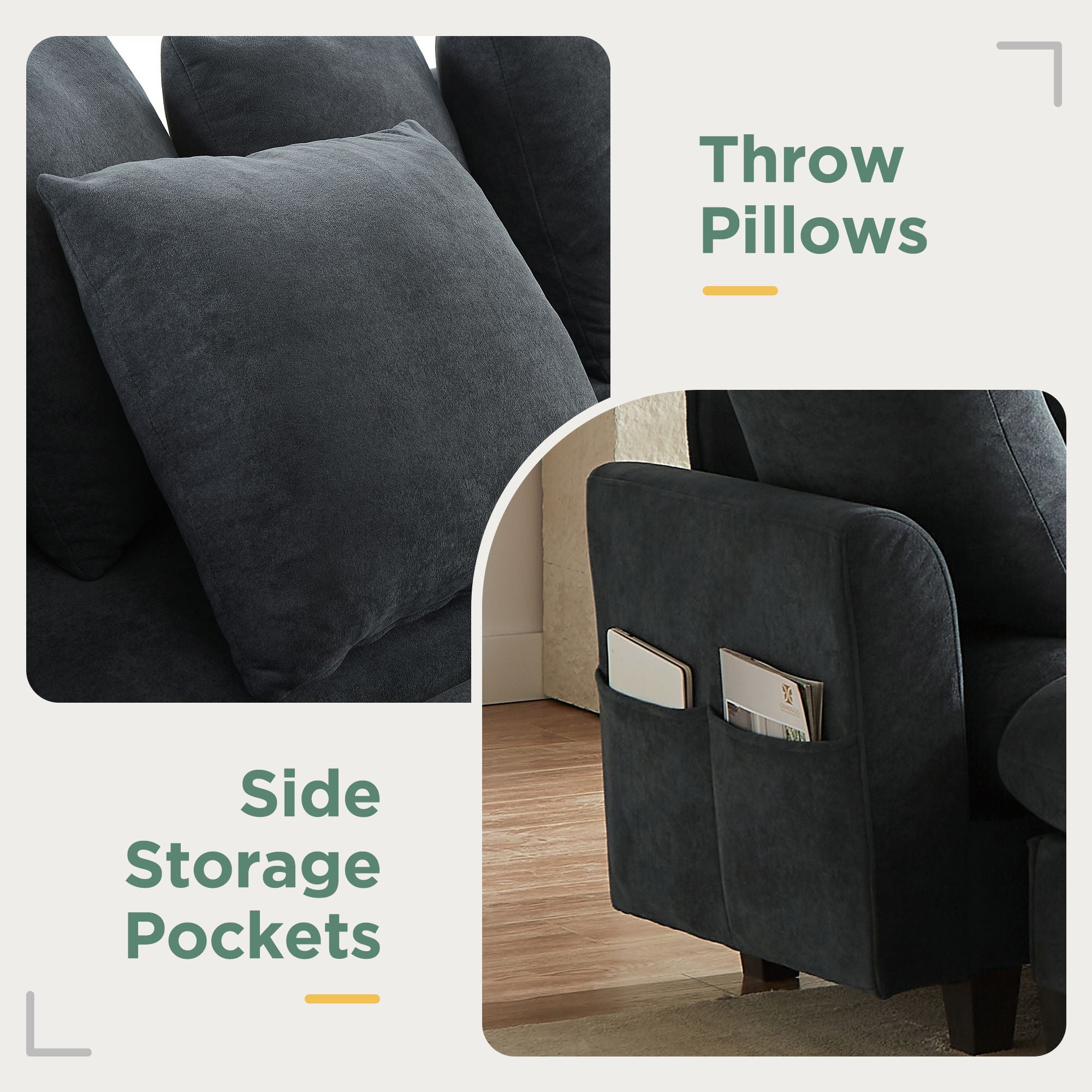 Upholstered L Shaped Sectional Sofa With Storage, Movable Ottoman, And 6 Throw Pillows