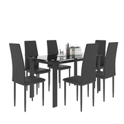 Modern 7 Piece Dining Table Set With Glass Top And Chairs - Black