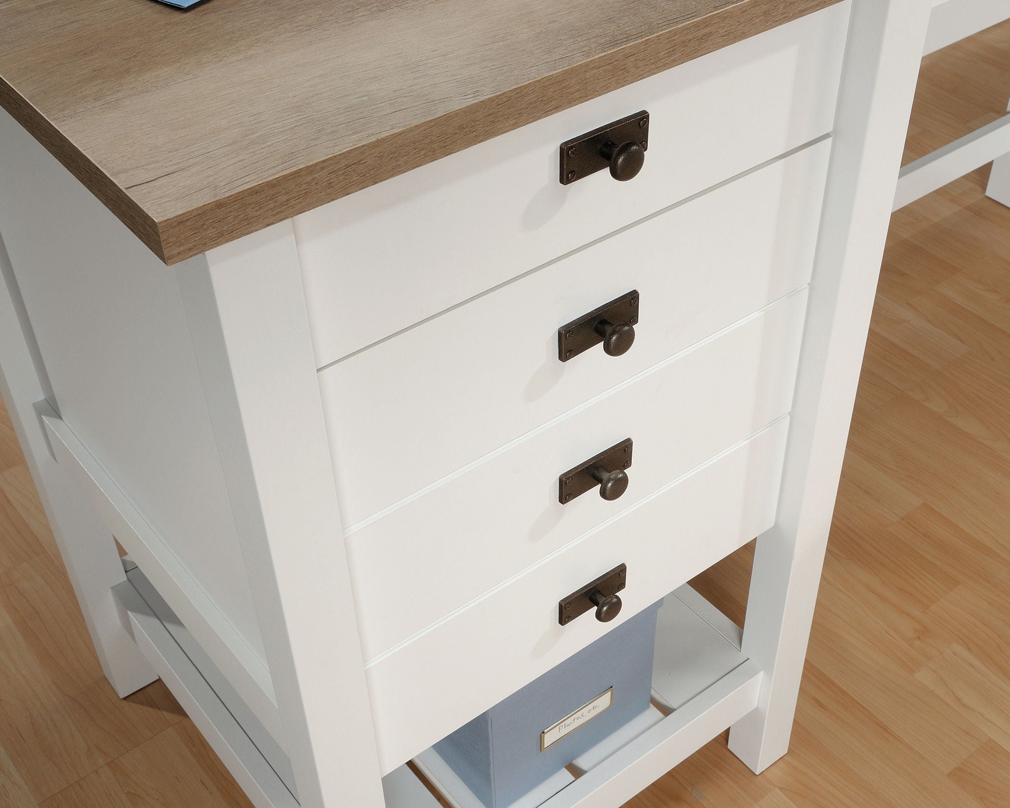 White L-Shaped Desk with Oak Finished Top