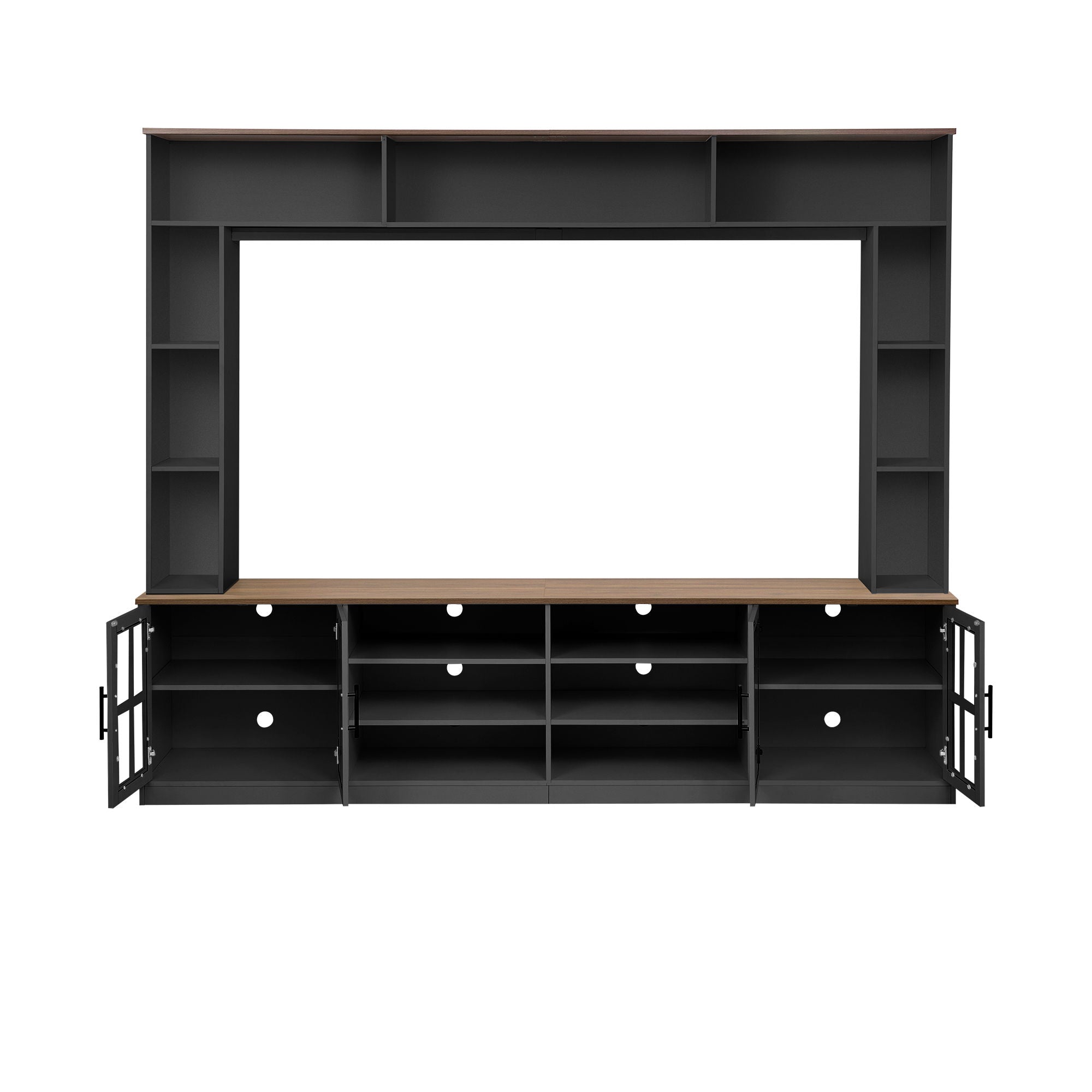 Wall Unit Entertainment Center With Bookshelves For TVs Up To 80", Tempered Glass Doors And Adjustable Shelves