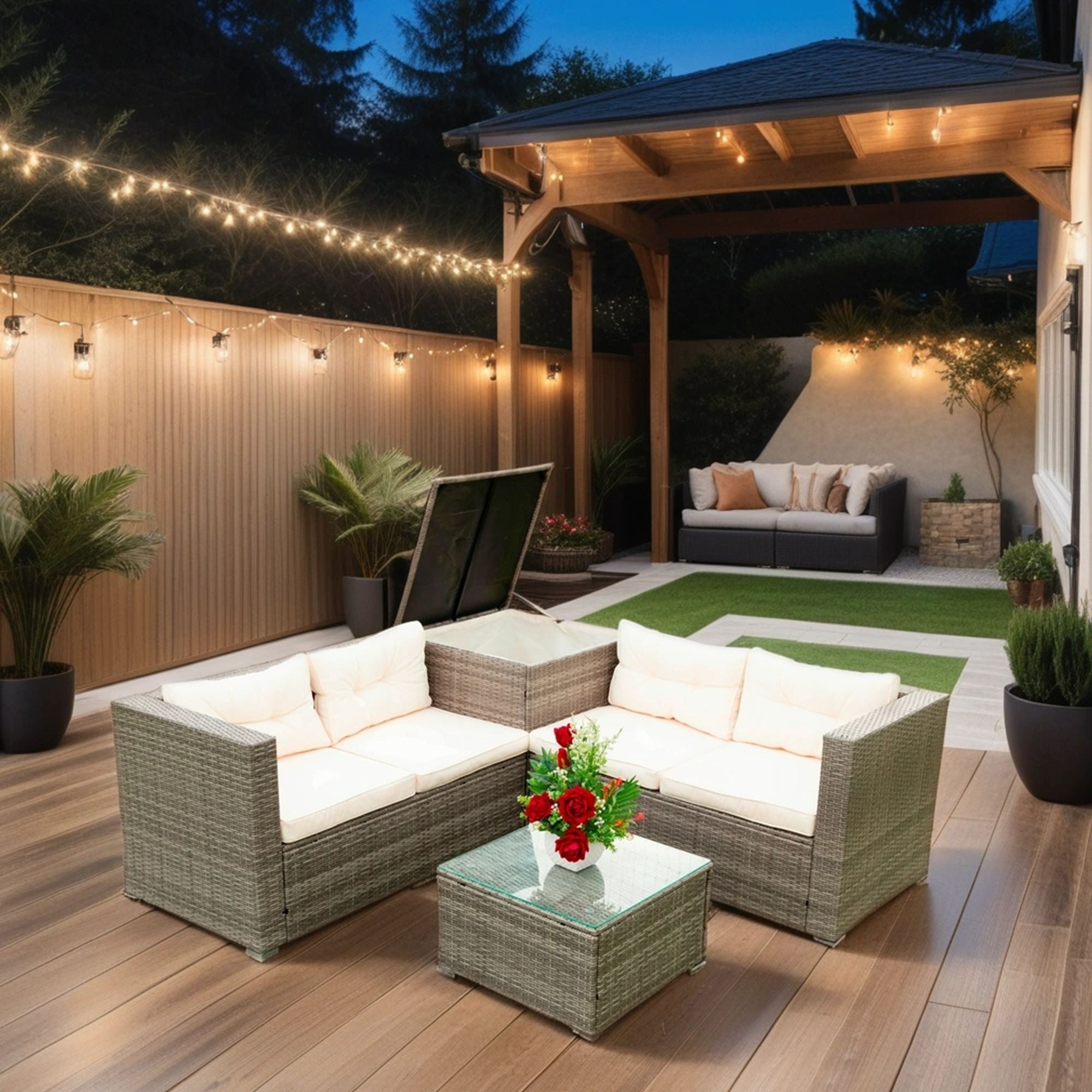 4 Piece Patio Sectional Wicker Rattan Outdoor Furniture Sofa Set With Storage Box