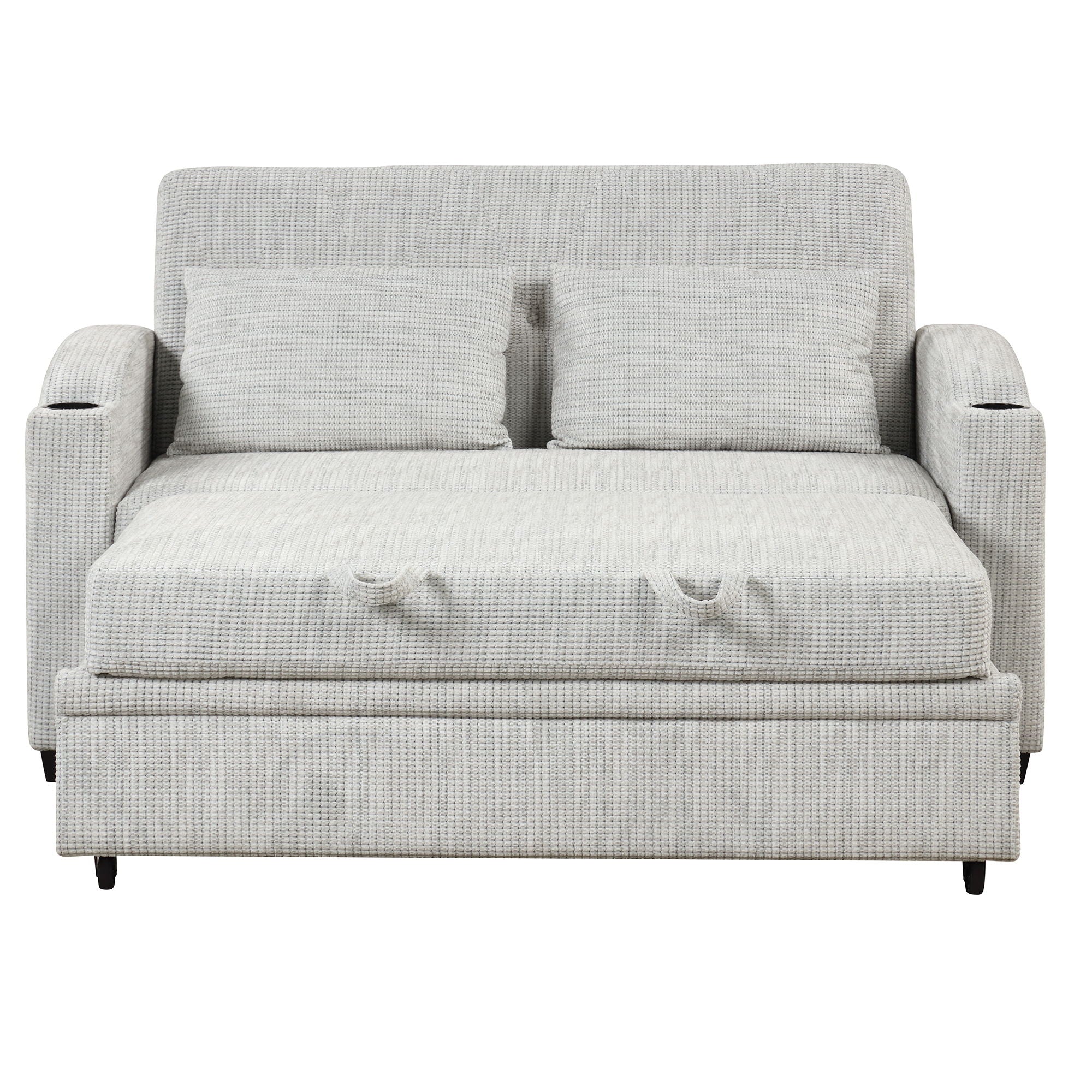 Pull Out Loveseat Sofa With Adjsutable Backrest, 2 Pillows, Cup Holders, USB Ports For Living Room