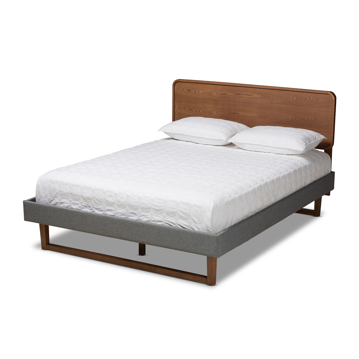 Ayla Mid-Century Modern Dark Grey Fabric Upholstered Walnut Brown Finished Wood Queen Size Platform Bed