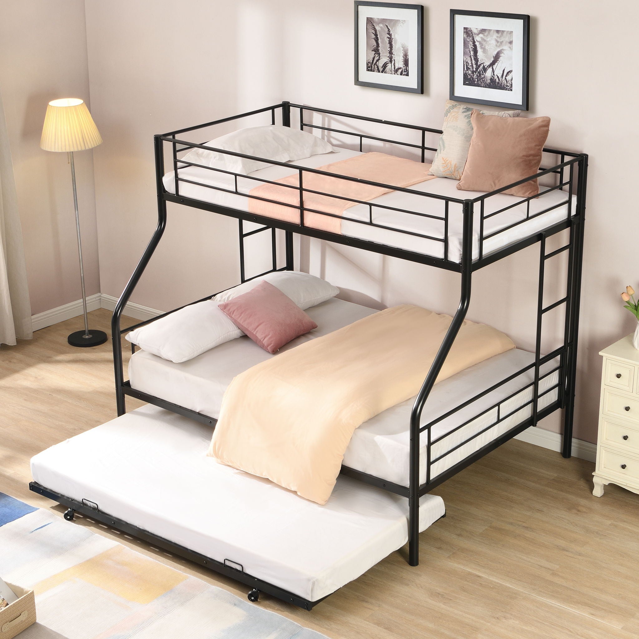 Twin Over Full Modern Metal Bunk Bed With Trundle - Black