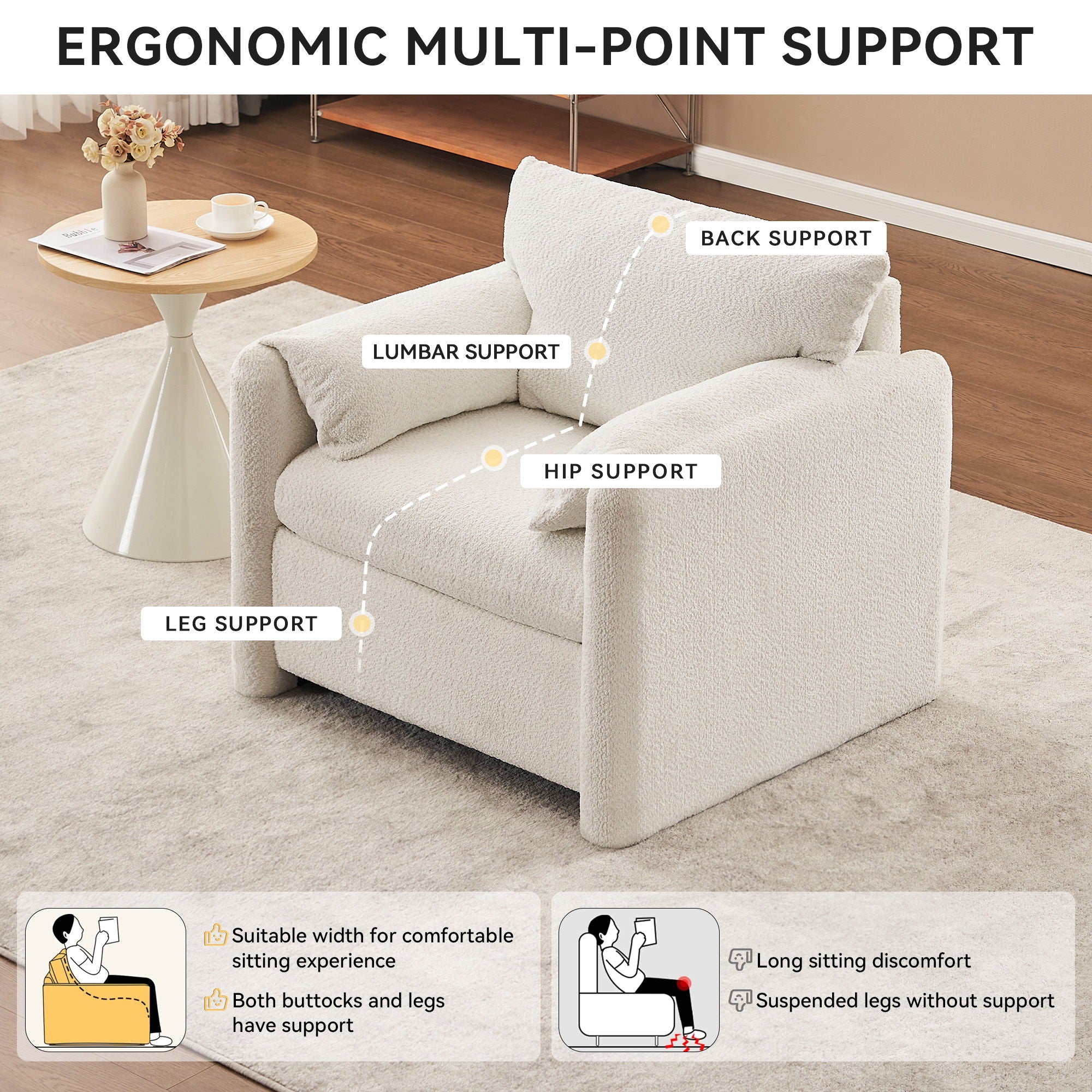 Fixed Modern Accent Chair Single Seater Plush Chenille Lounge Chair With High Resilience Cushion - Ivory White