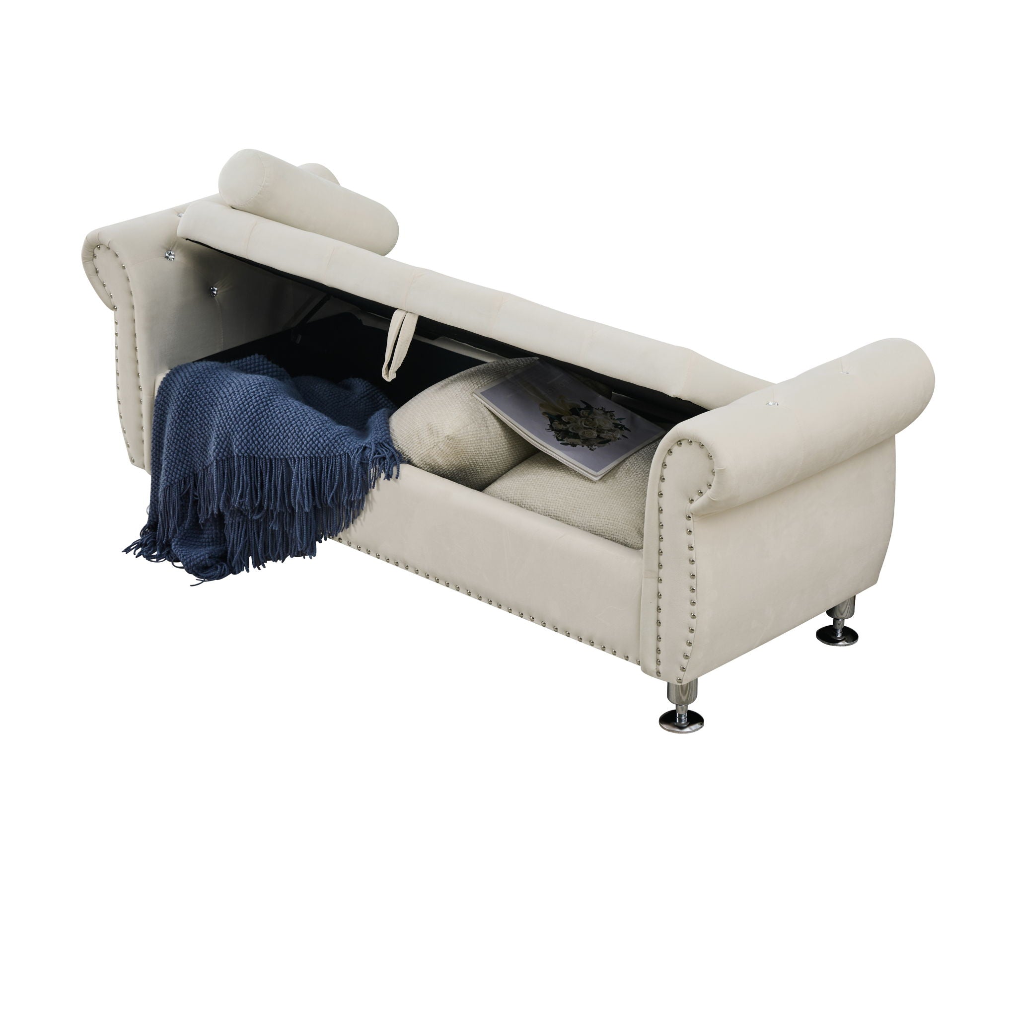Storage Bench With Crystal Buttons And 1 Pillow For Bedroom