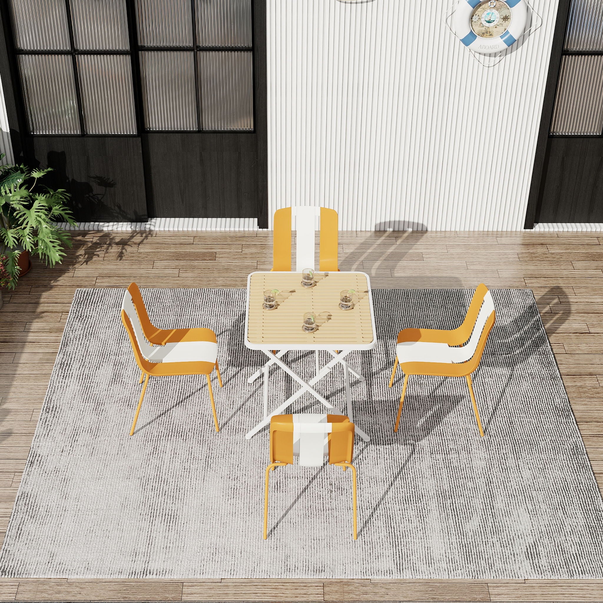 4 Piece Set Of Modern Striped Single Chairs With Folding Square Table