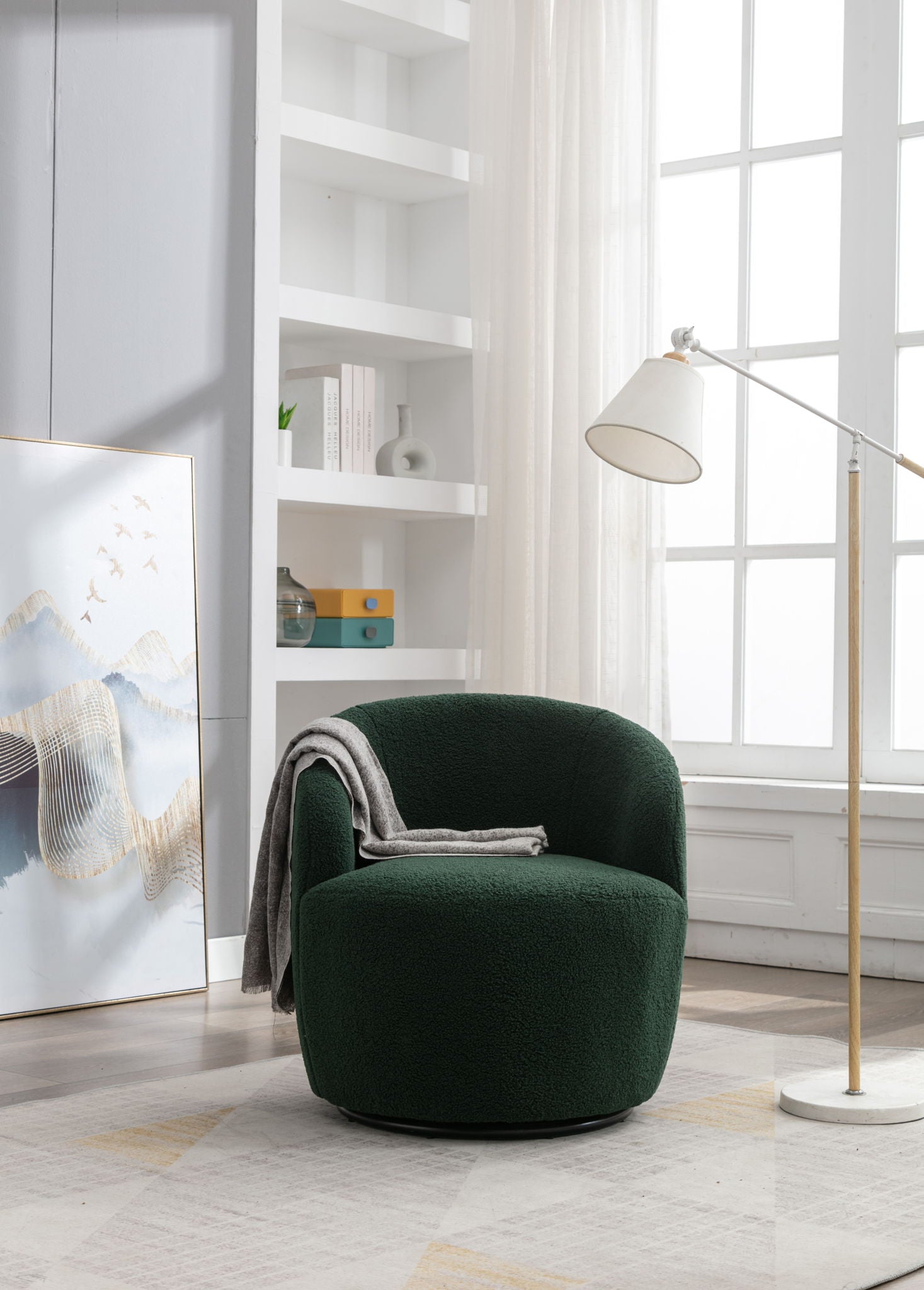 Teddy Fabric Swivel Accent Armchair Barrel Chair With Powder Coating Metal Ring