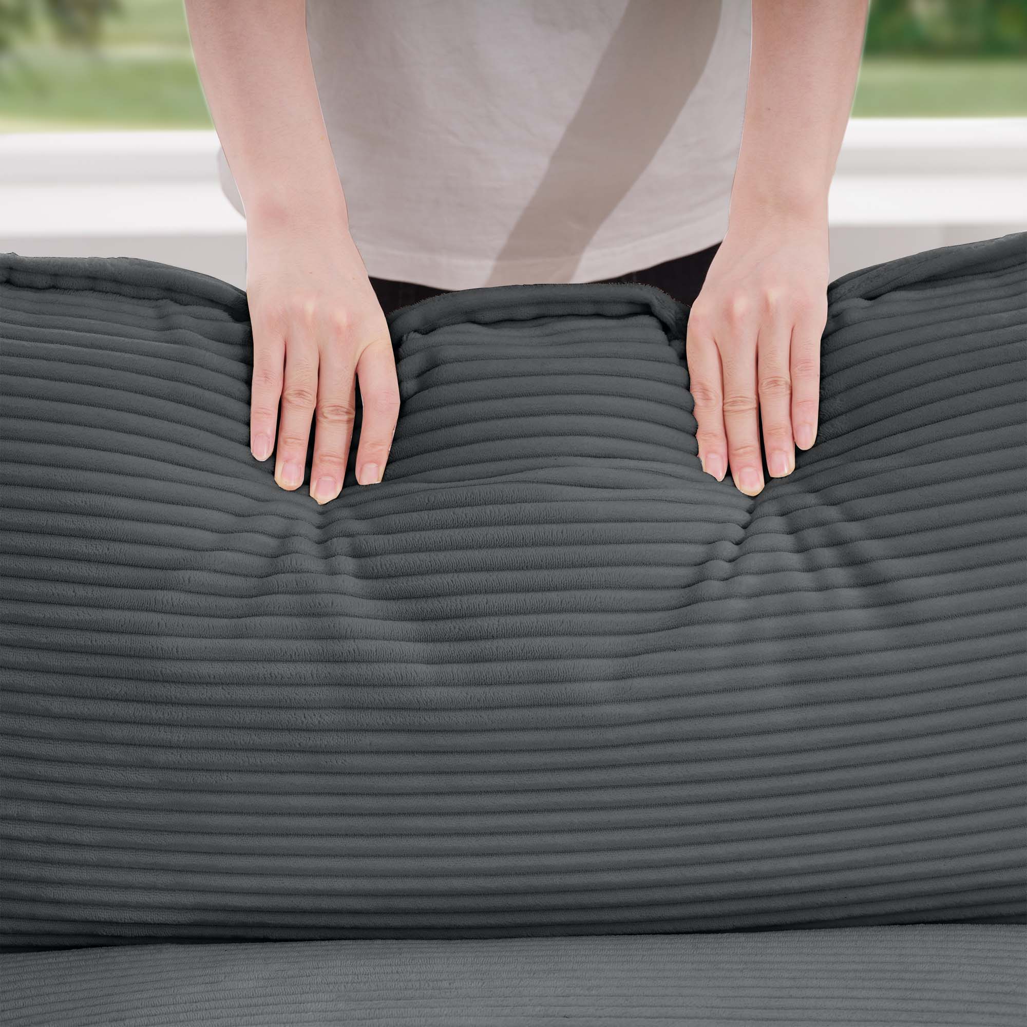 Modern Upholstered 4 Seater Corduroy Fabric Sofa With Arm And Throw Pillows