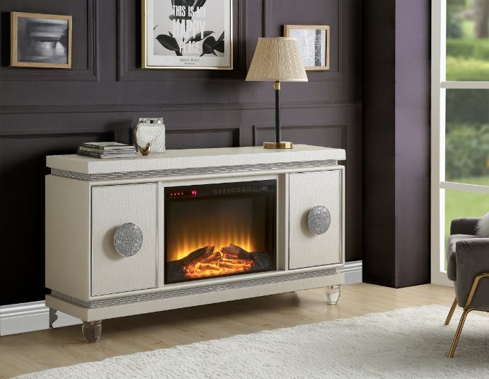 ACME Noralie - Fireplace - Ivory PU & Faux Diamonds | Meri Furniture