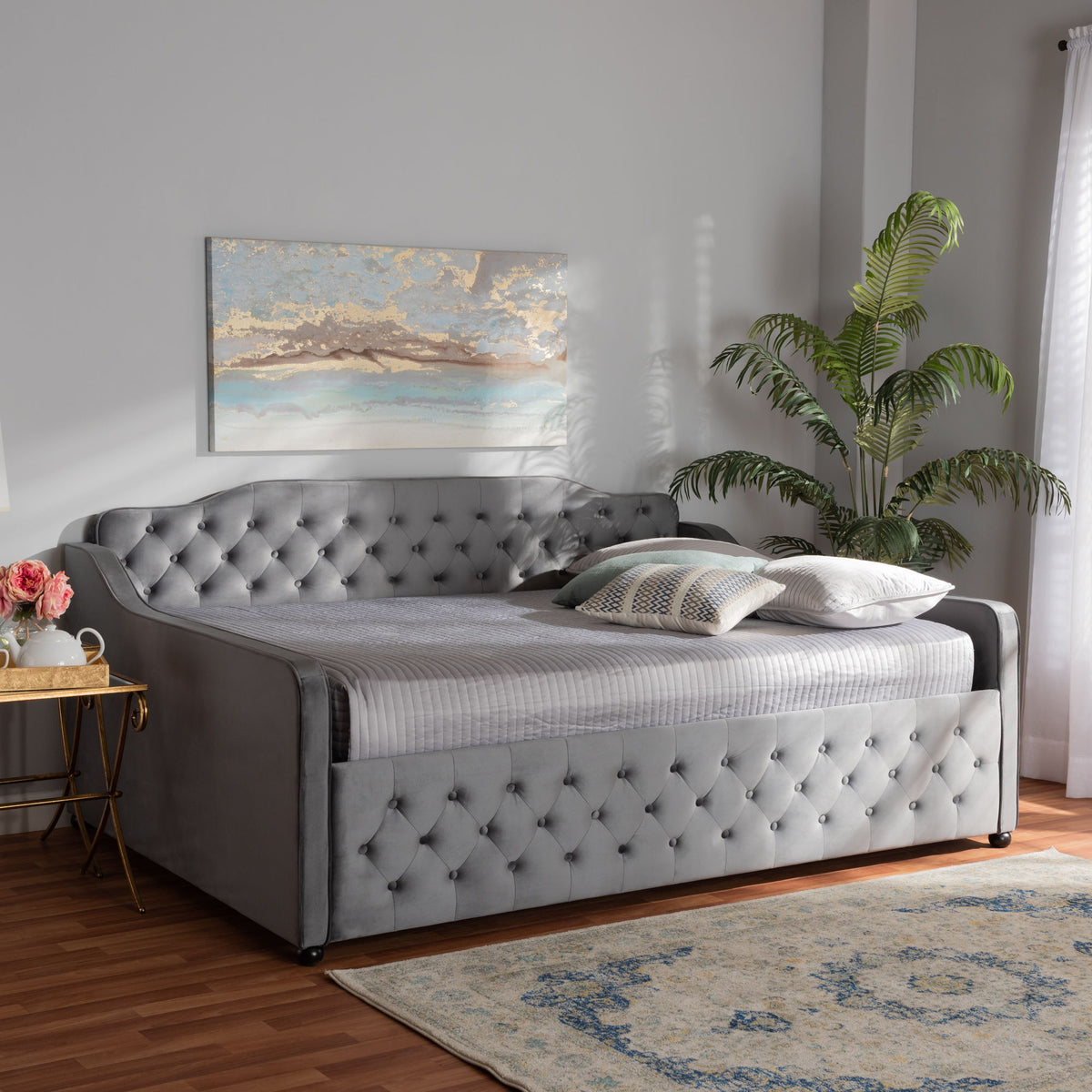 Freda Transitional and Contemporary Grey Velvet Fabric Upholstered and Button Tufted Queen Size Daybed