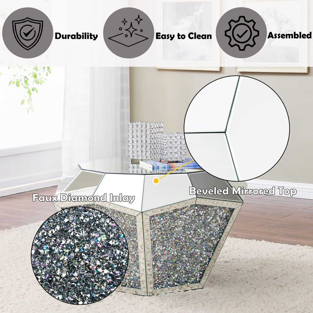 Noralie - 18" Coffee Table - Mirrored & Faux Diamonds