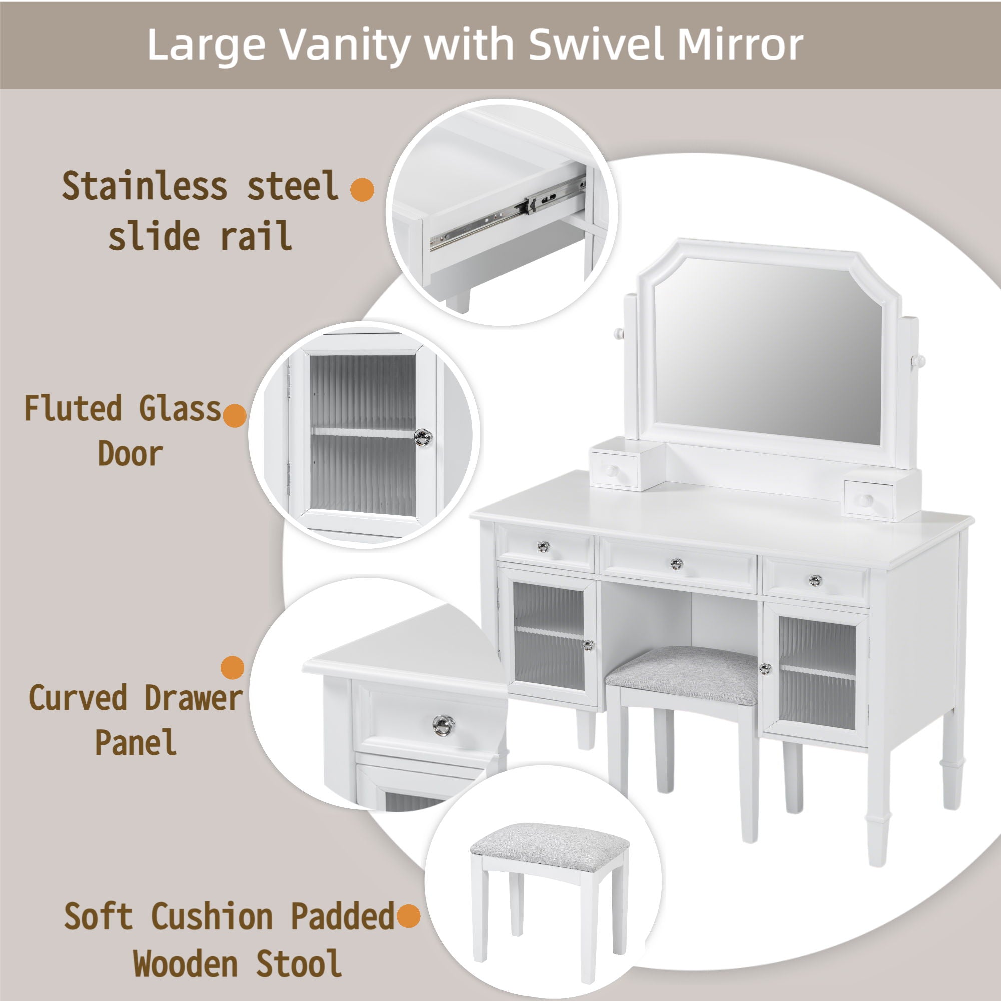 Elegant Makeup Vanity Desk With Adjustable Mirror And Storage And Construction - White