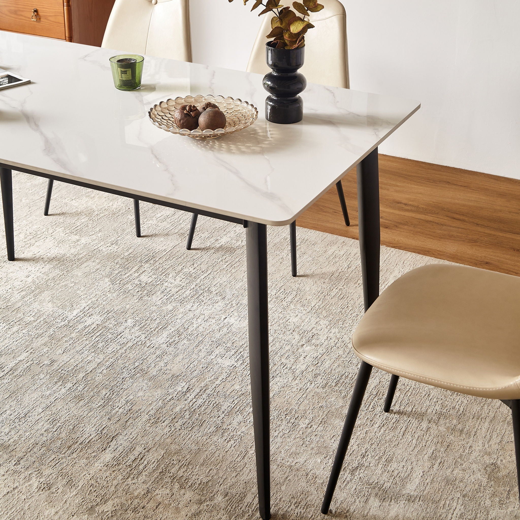 Mid Century Modern Dining Table Round White Sintered Stone Top Heavy Duty Metal Legs Waterproof Surface For Kitchen Dining Room Or Office Furniture - White / Black