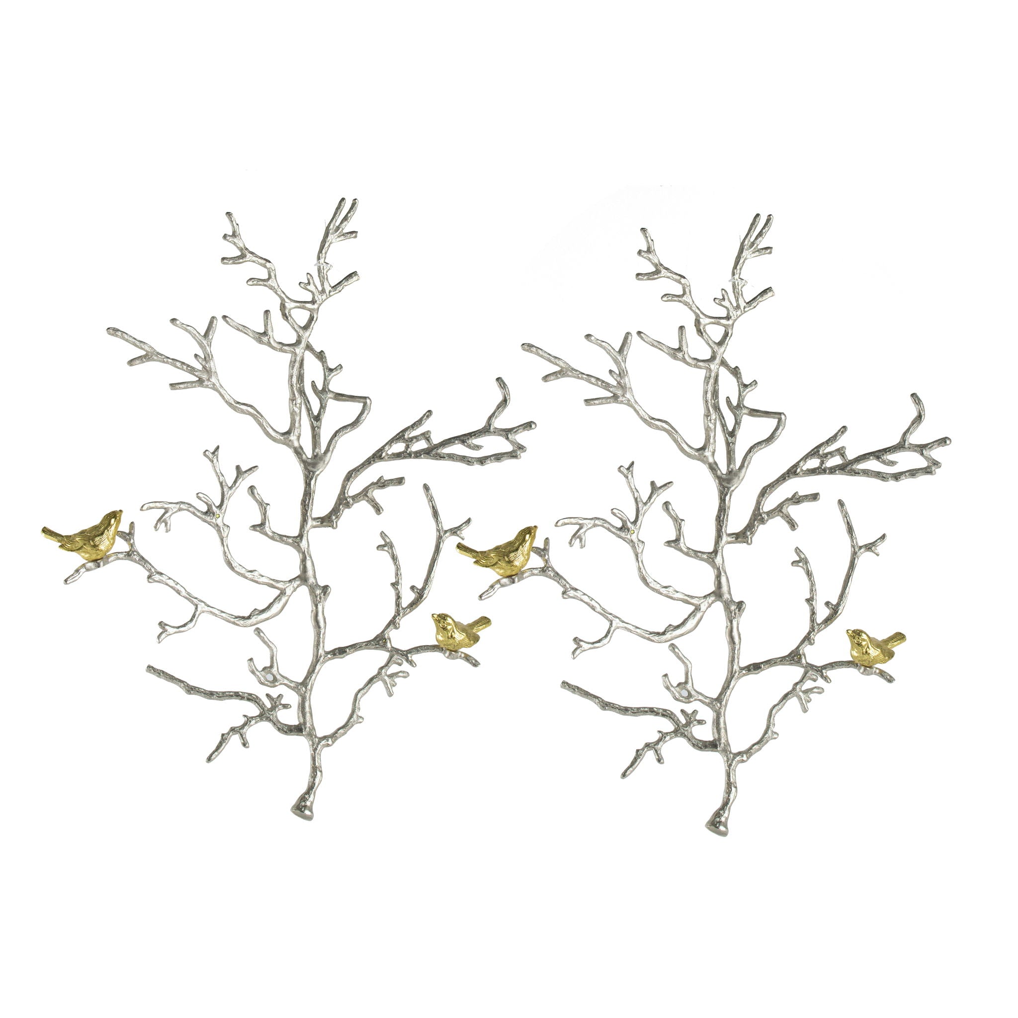 Metal Branch Wall Sculptures With Bird Accents (Set of 2) - Silver Multi