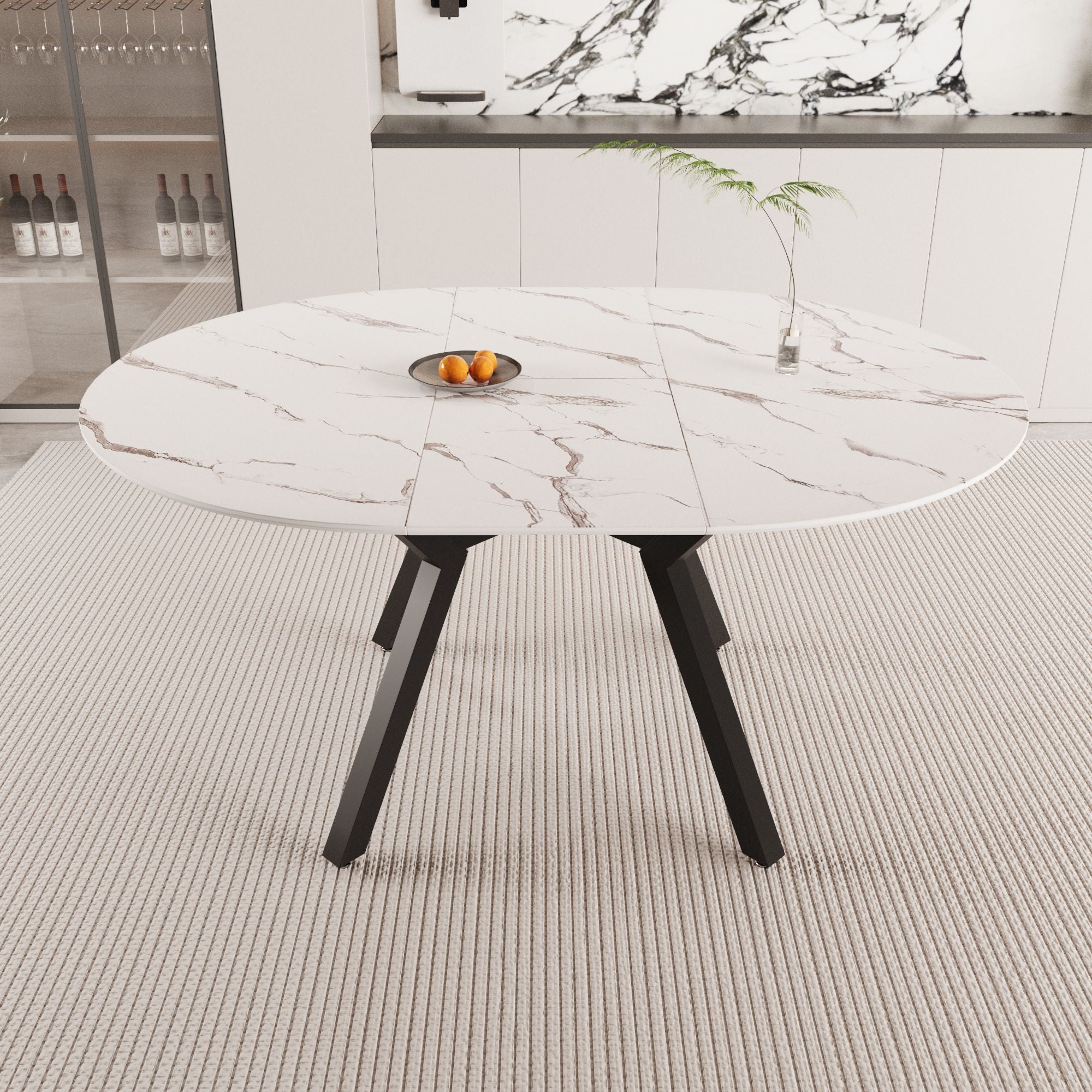 Modern Extendable White Circular Dining Table with MDF Top and Metal Legs for 4-6 Persons