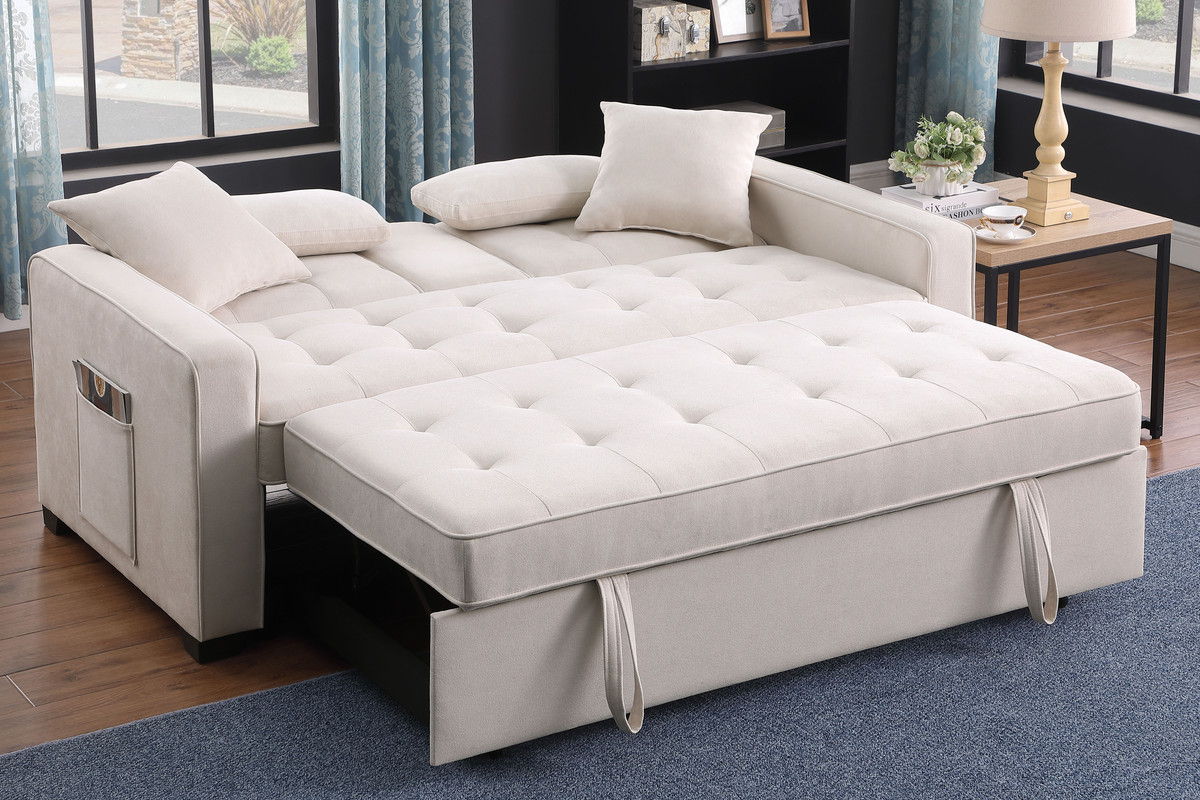 Cody II 70"W Beige Woven Fabric Convertible Sleeper Loveseat with Dropdown Console, Cup Holders, Charging Ports, Pocket, and Pocket Coil Seating