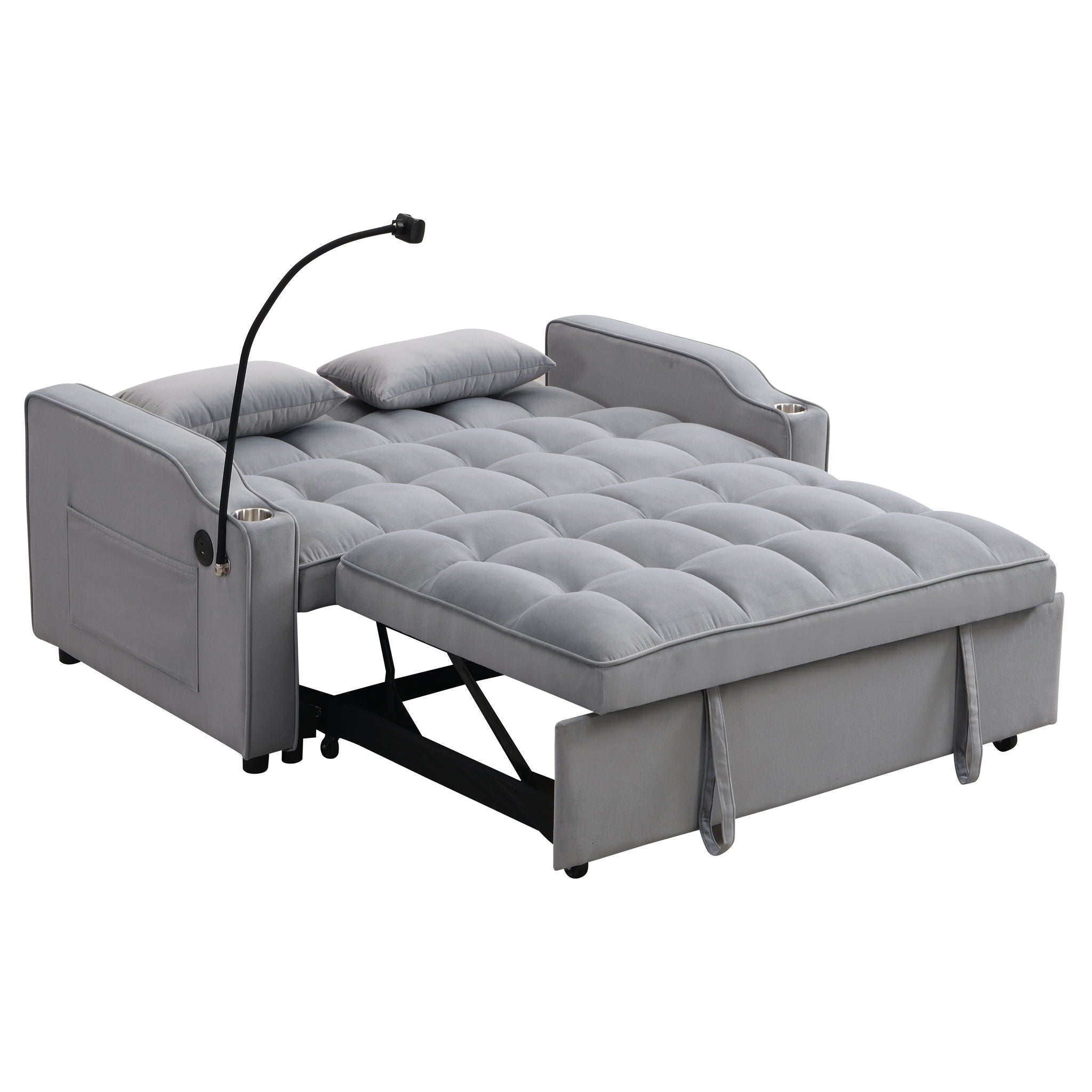 Modern Velvet Loveseat With Pullout Bed, Adjustable Reclining Backrest